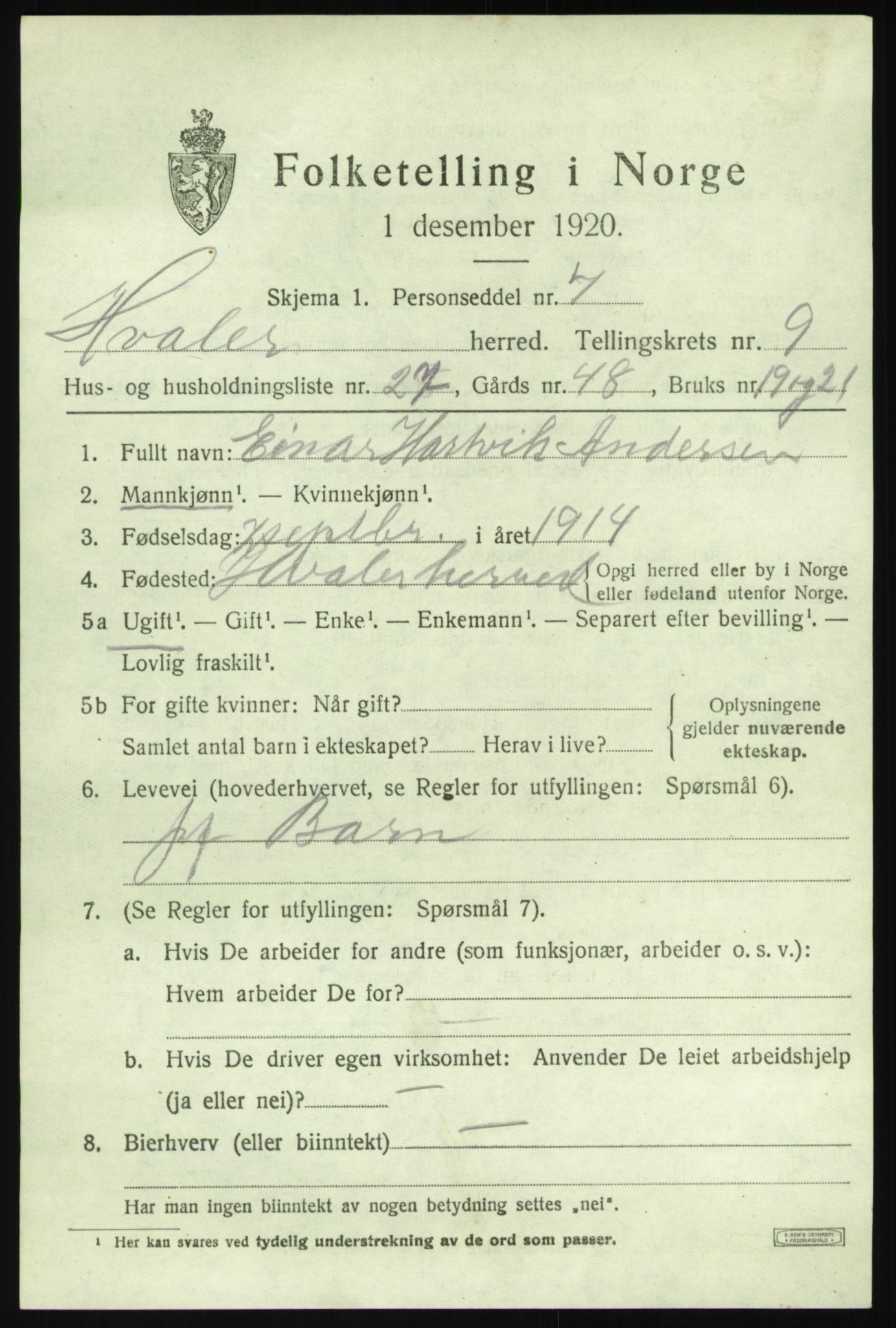 SAO, 1920 census for Hvaler, 1920, p. 8872