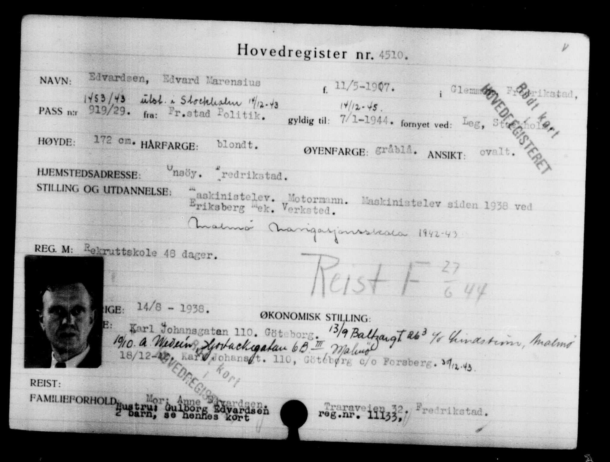 Utenriksstasjonene, Legasjonen i Stockholm, Flyktningkontoret, AV/RA-S-6753/V/Va/L0004: Kjesäterkartoteket, flyktninger med registreringsnr. 3496-6610, 1940-1945, p. 1217