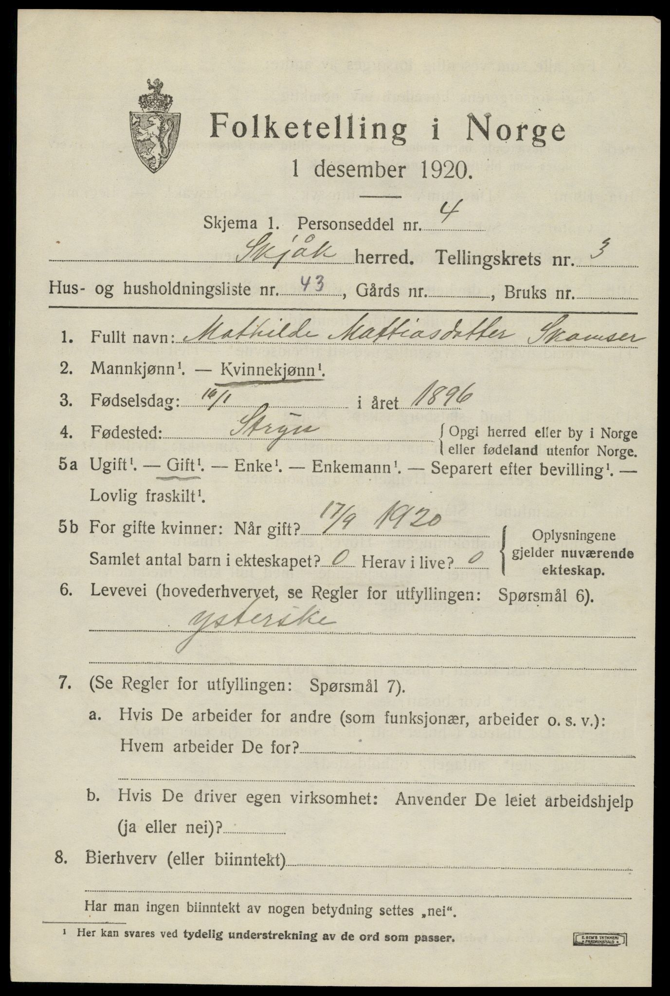 SAH, 1920 census for Skjåk, 1920, p. 2096