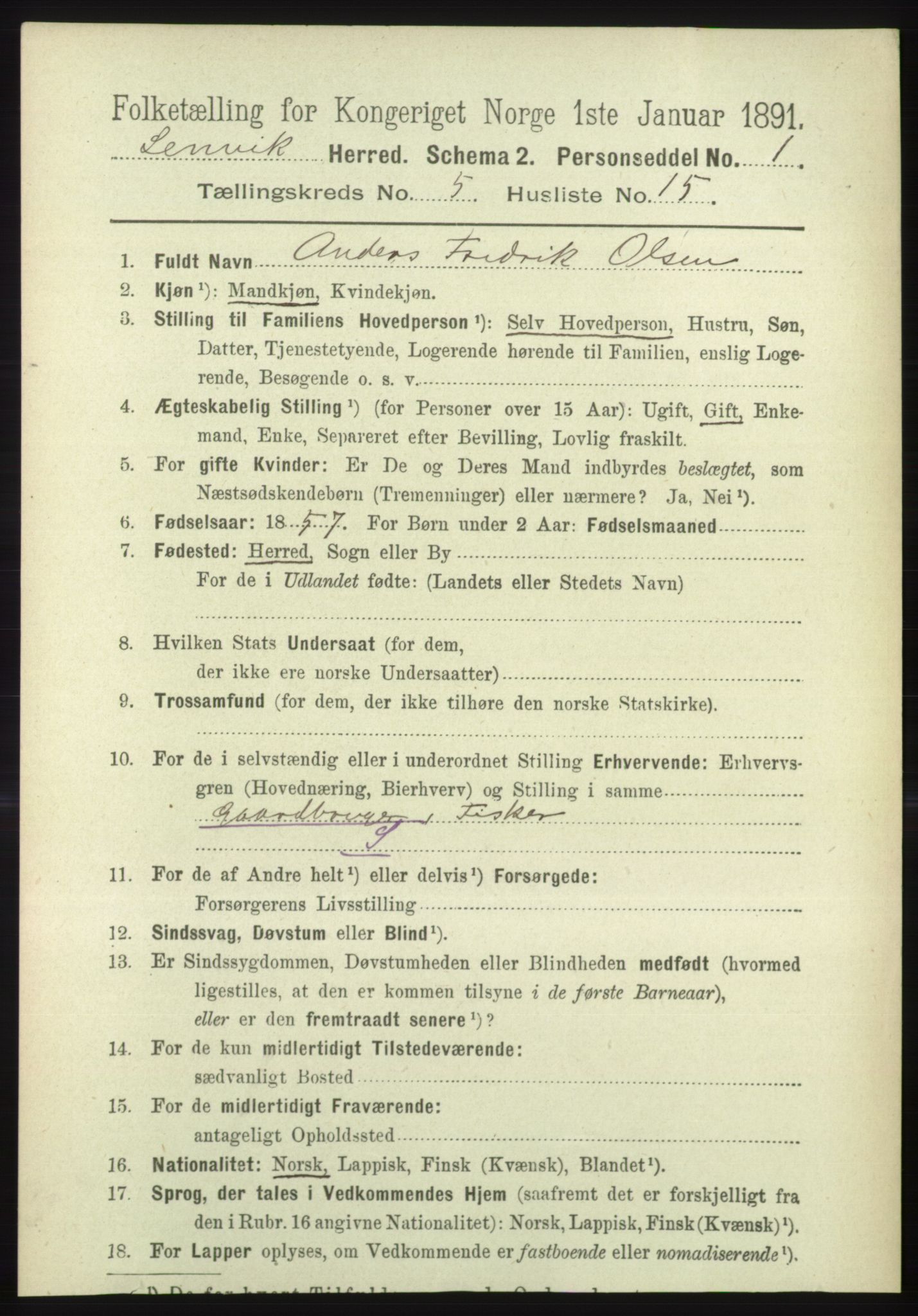 RA, 1891 census for 1931 Lenvik, 1891, p. 2639