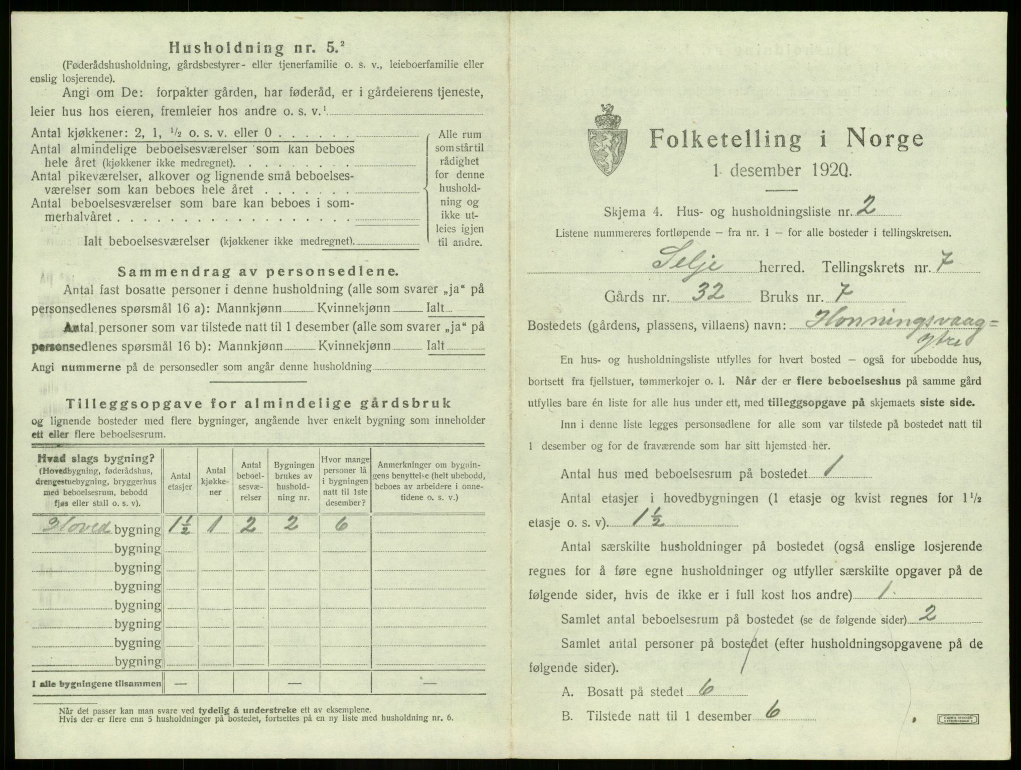 SAB, 1920 census for Selje, 1920, p. 451