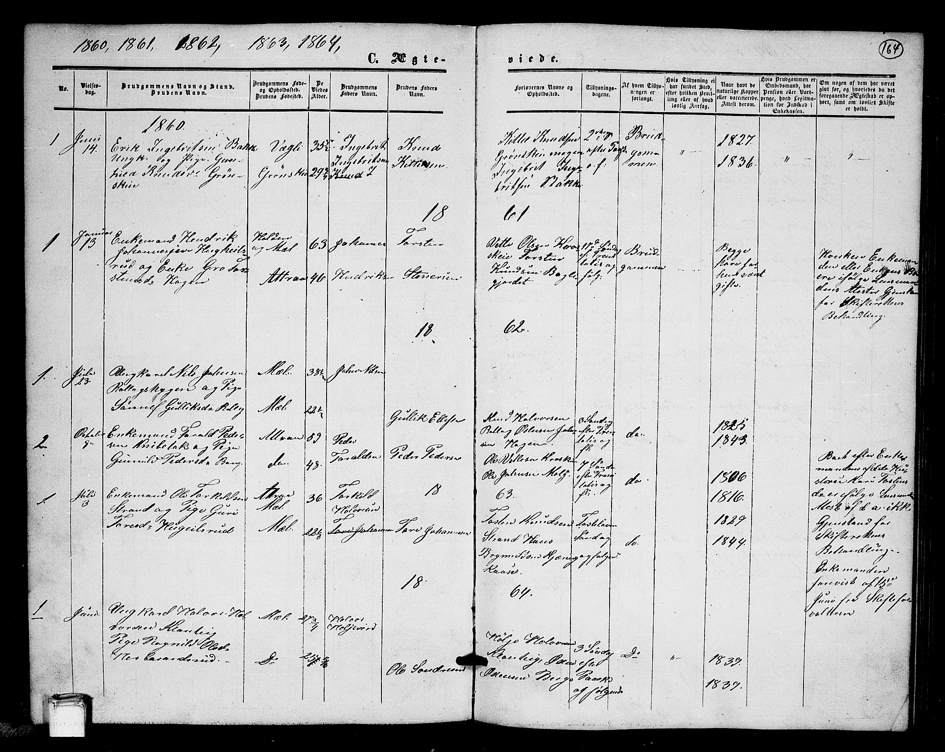 Tinn kirkebøker, SAKO/A-308/G/Gb/L0002: Parish register (copy) no. II 2, 1851-1886, p. 164