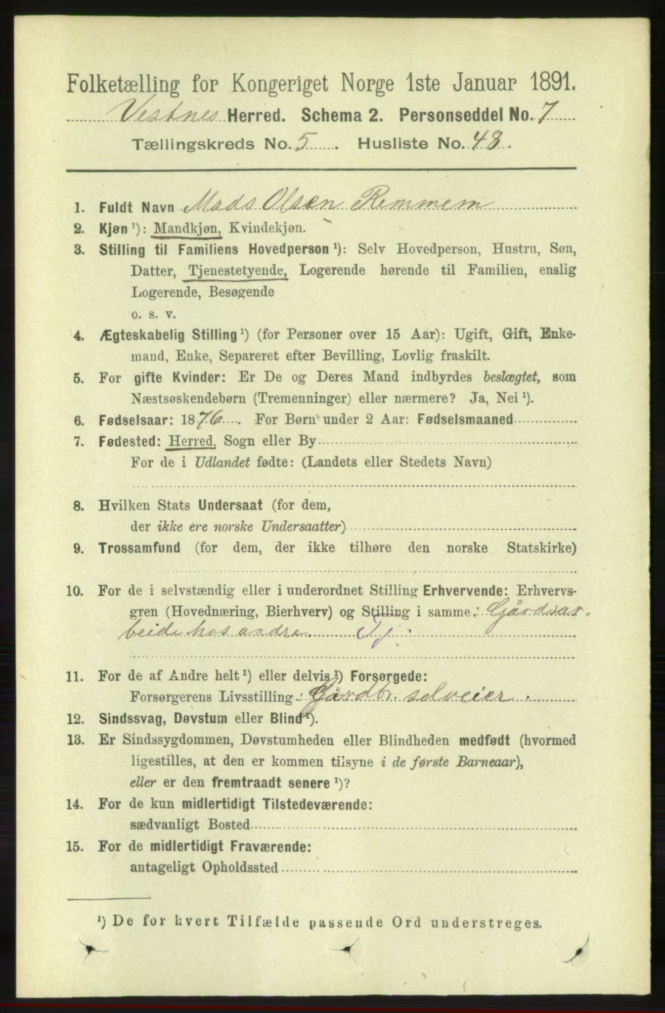 RA, 1891 census for 1535 Vestnes, 1891, p. 2069