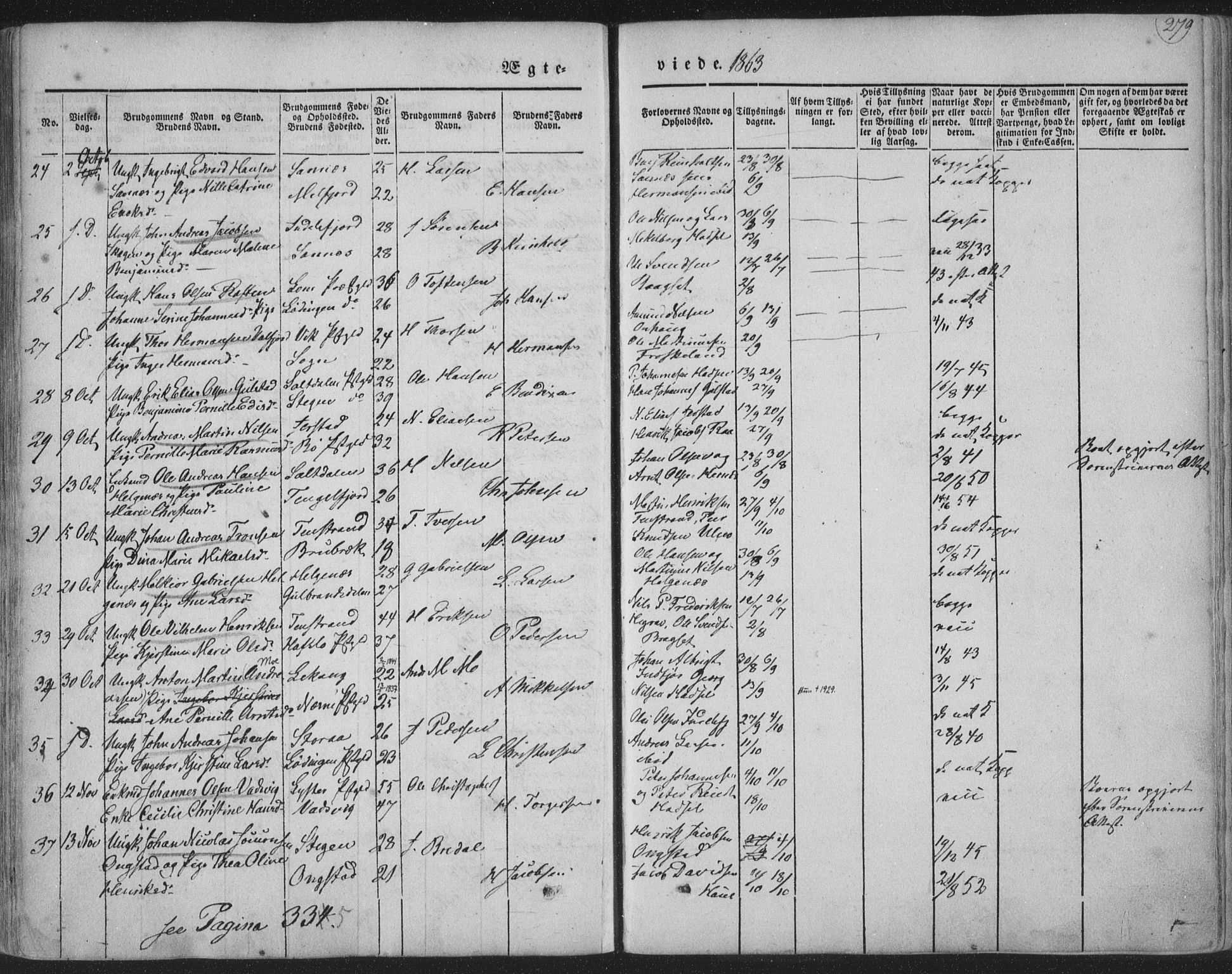 Ministerialprotokoller, klokkerbøker og fødselsregistre - Nordland, AV/SAT-A-1459/888/L1241: Parish register (official) no. 888A07, 1849-1869, p. 279