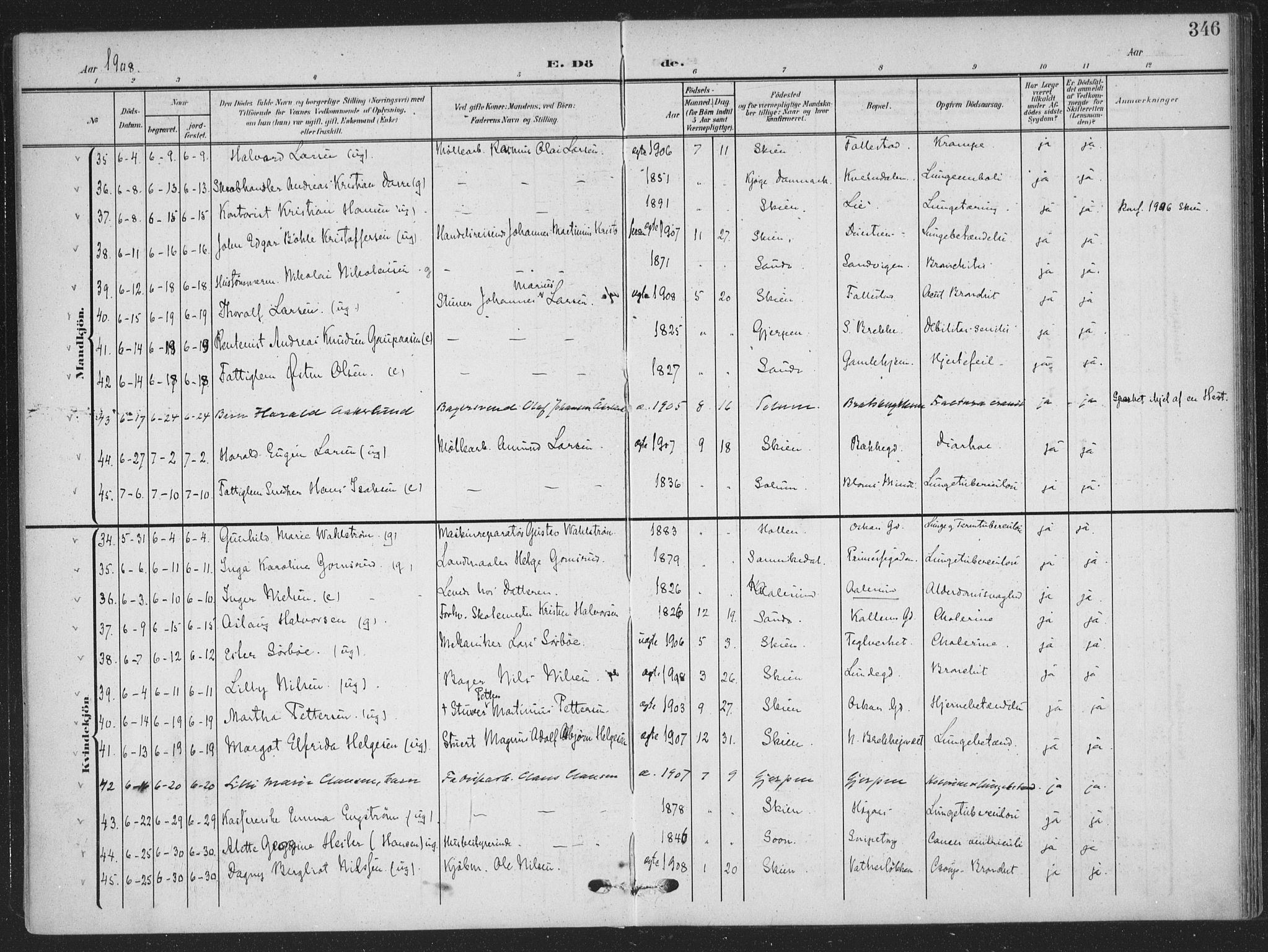 Skien kirkebøker, SAKO/A-302/F/Fa/L0012: Parish register (official) no. 12, 1908-1914, p. 346