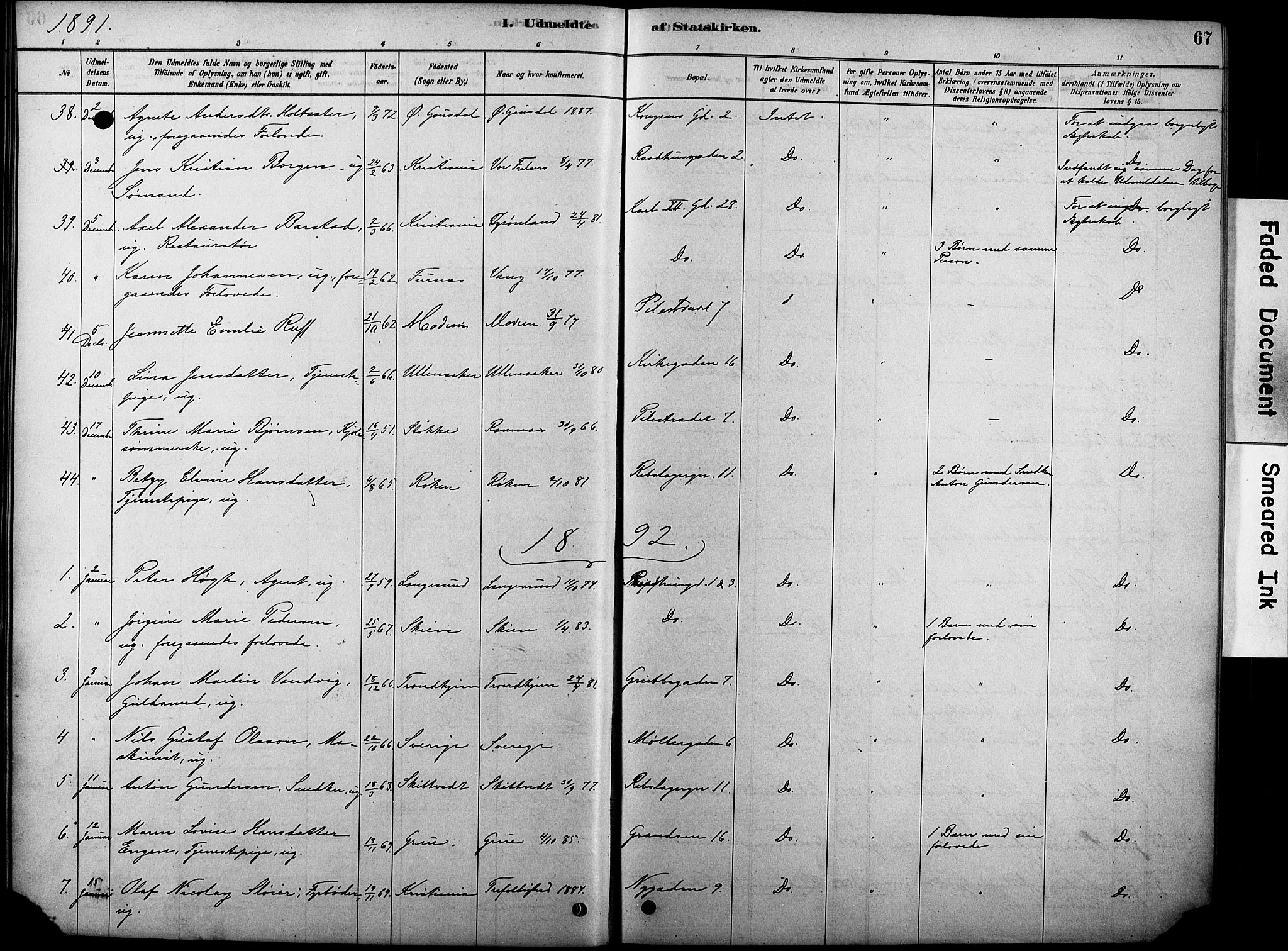 Oslo domkirke Kirkebøker, SAO/A-10752/F/Fa/L0038: Parish register (official) no. 38, 1878-1921, p. 67