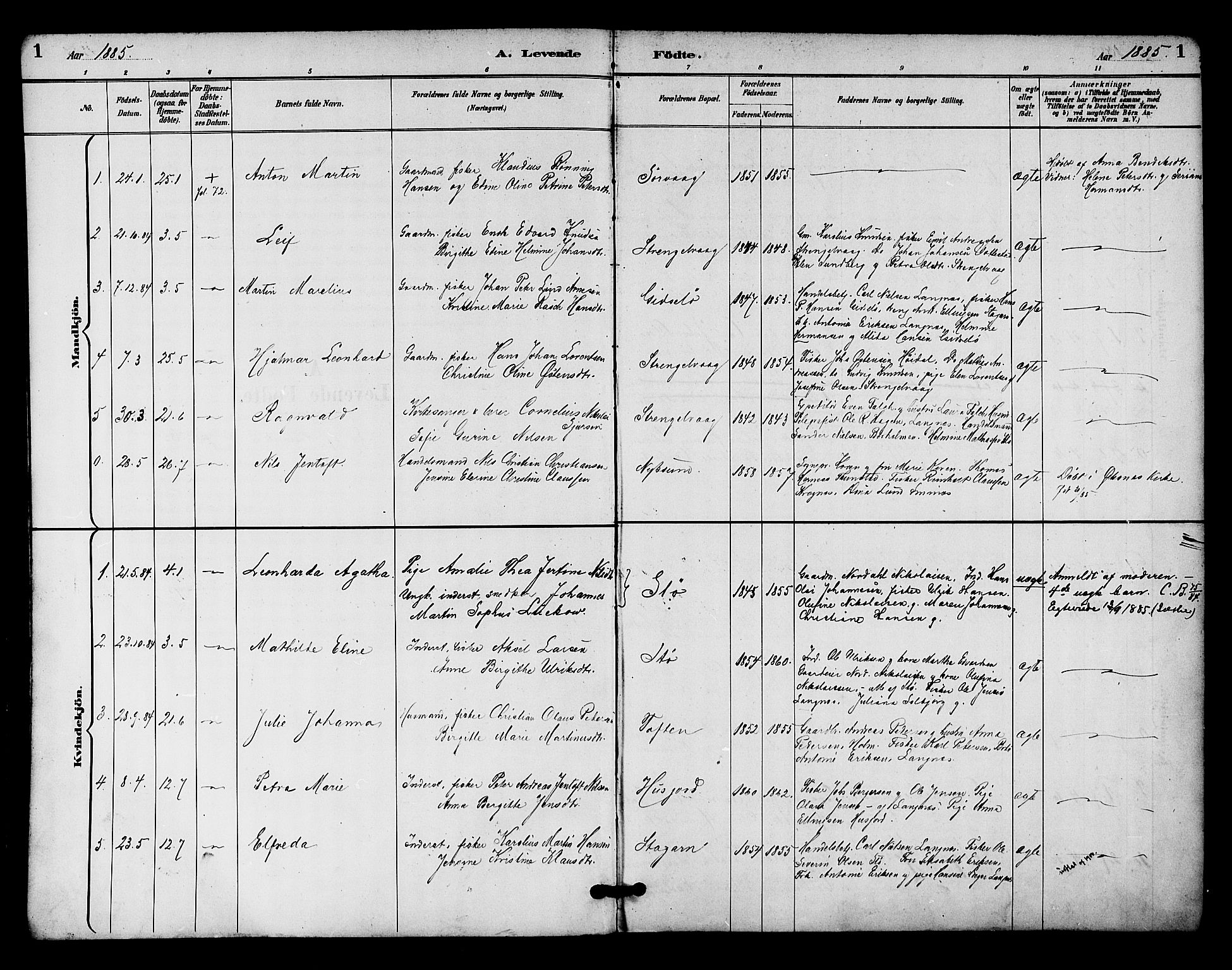 Ministerialprotokoller, klokkerbøker og fødselsregistre - Nordland, AV/SAT-A-1459/894/L1355: Parish register (official) no. 894A01, 1885-1896, p. 1