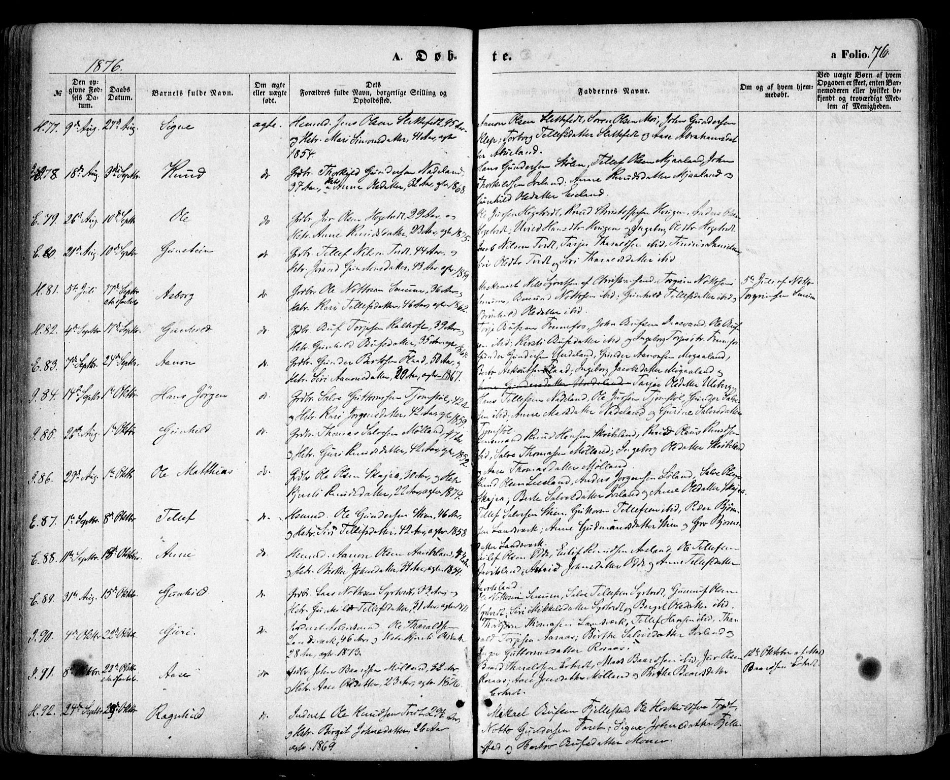 Evje sokneprestkontor, AV/SAK-1111-0008/F/Fa/Faa/L0006: Parish register (official) no. A 6, 1866-1884, p. 76