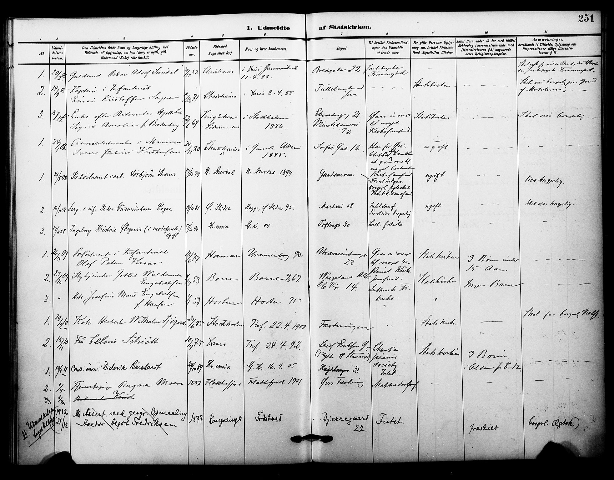 Garnisonsmenigheten Kirkebøker, SAO/A-10846/F/Fa/L0014: Parish register (official) no. 14, 1905-1914, p. 251
