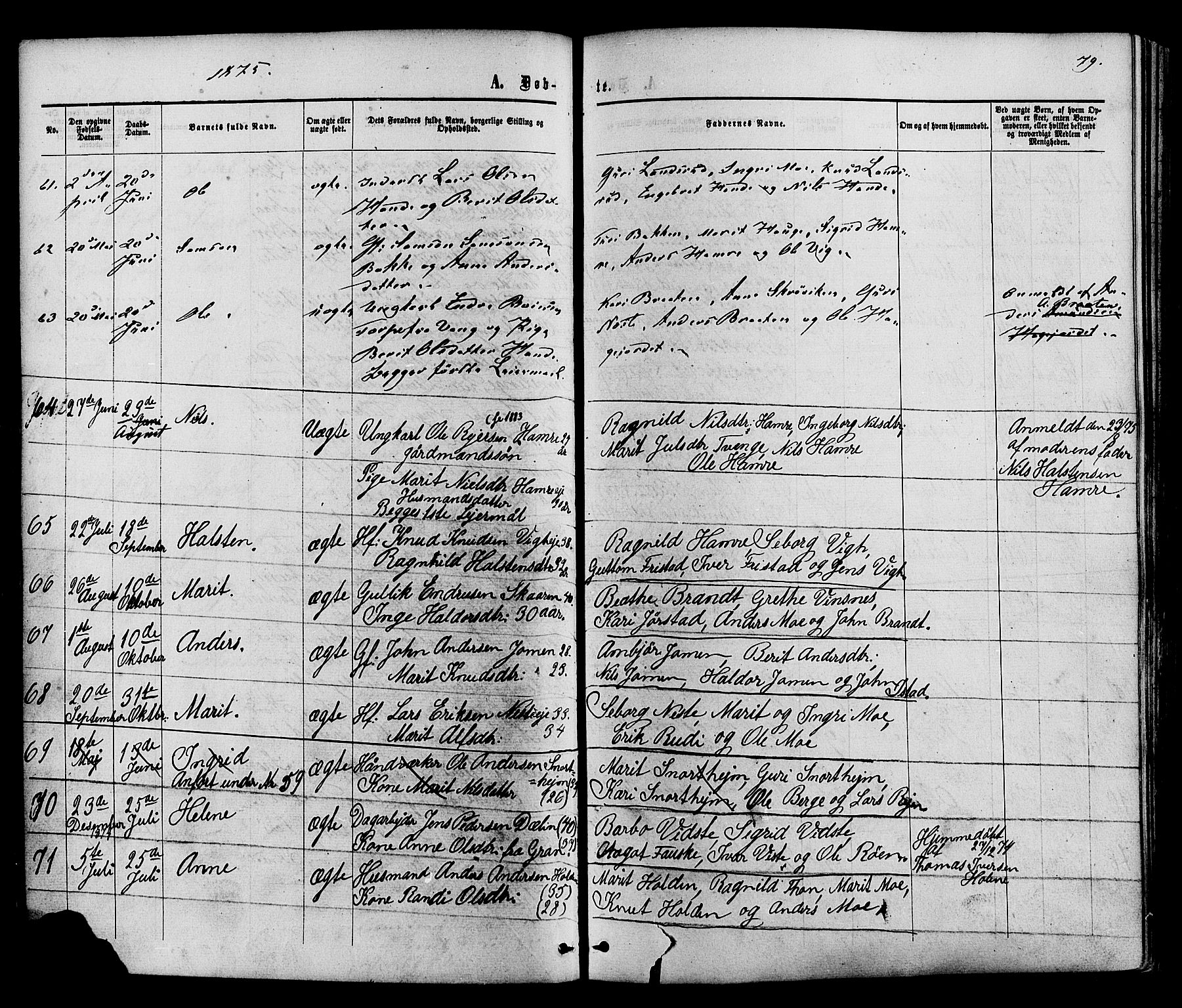 Vestre Slidre prestekontor, AV/SAH-PREST-136/H/Ha/Haa/L0003: Parish register (official) no. 3, 1865-1880, p. 79