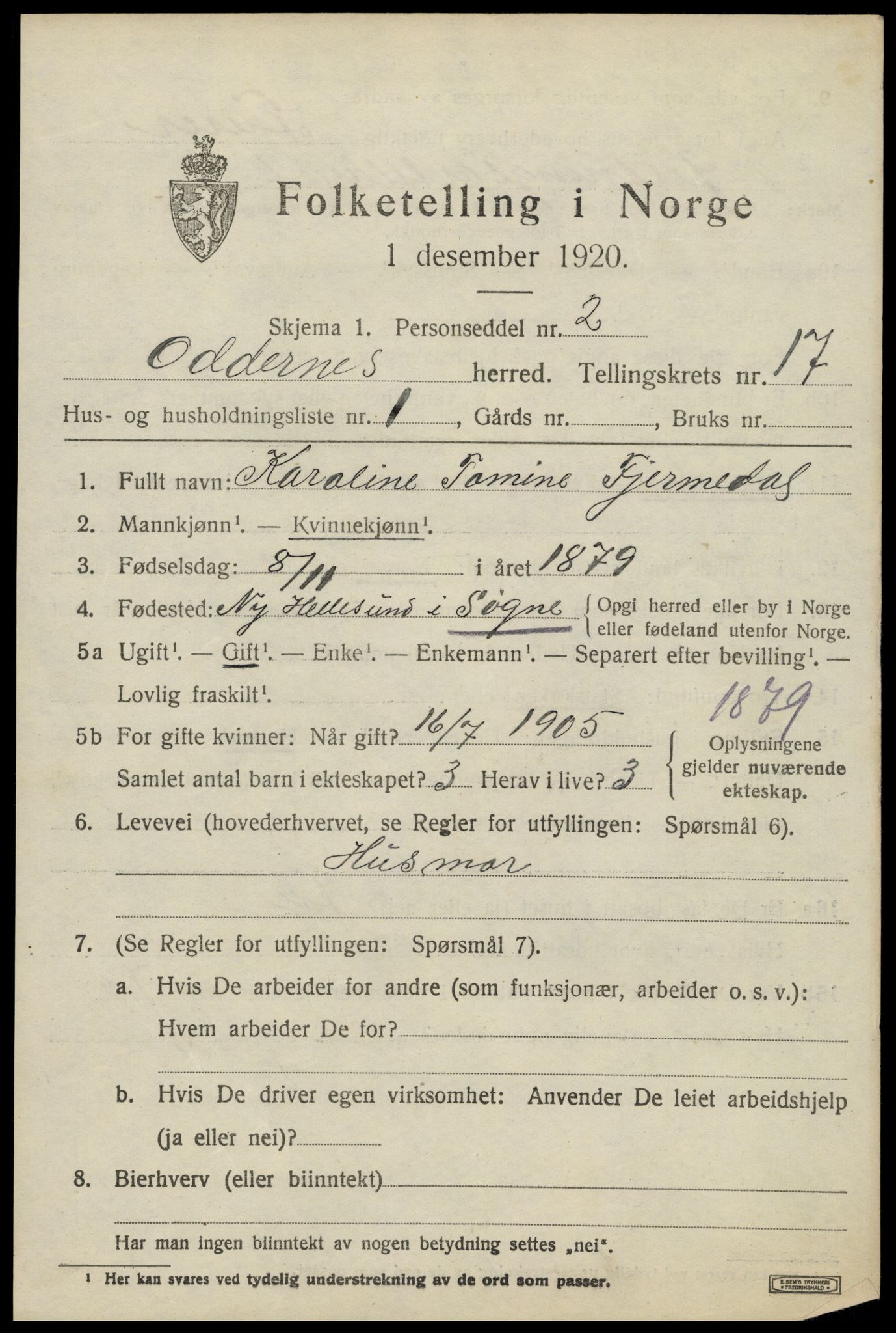 SAK, 1920 census for Oddernes, 1920, p. 12493