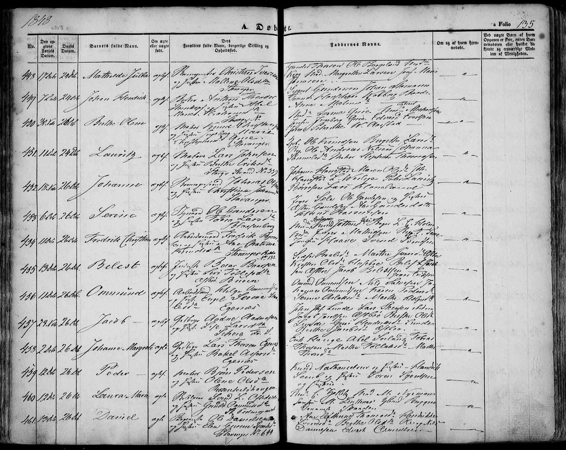 Domkirken sokneprestkontor, SAST/A-101812/001/30/30BA/L0016: Parish register (official) no. A 15, 1844-1854, p. 135