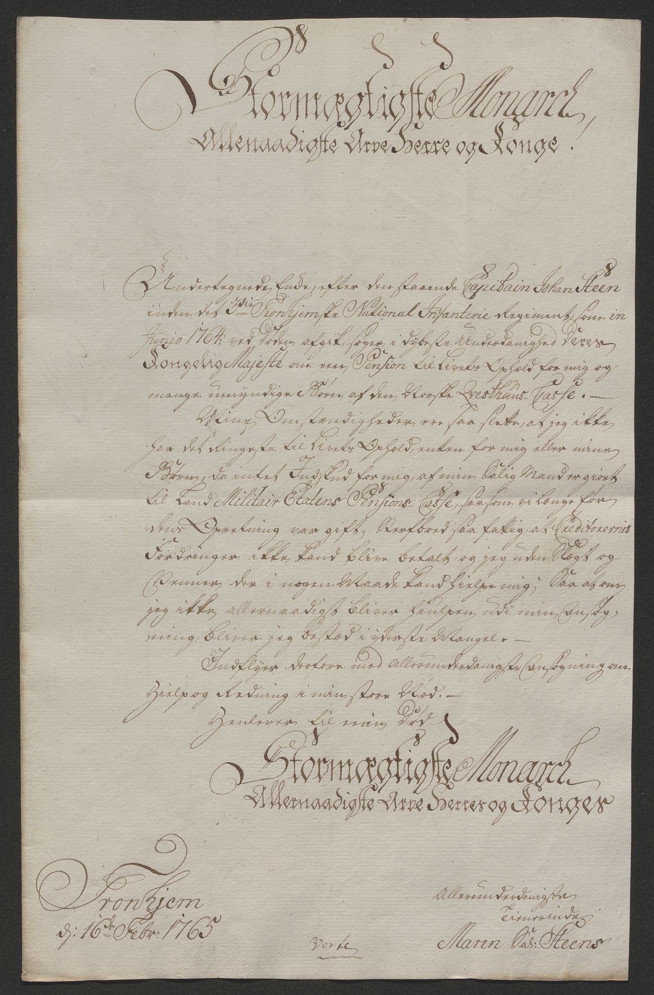 Forsvaret, Den norske kvesthuskasse/krigshospitalkasse, AV/RA-RAFA-1887/F/Fa/L0023: Ansøkninger om pensjon, pengelån m.v., 1765, p. 67