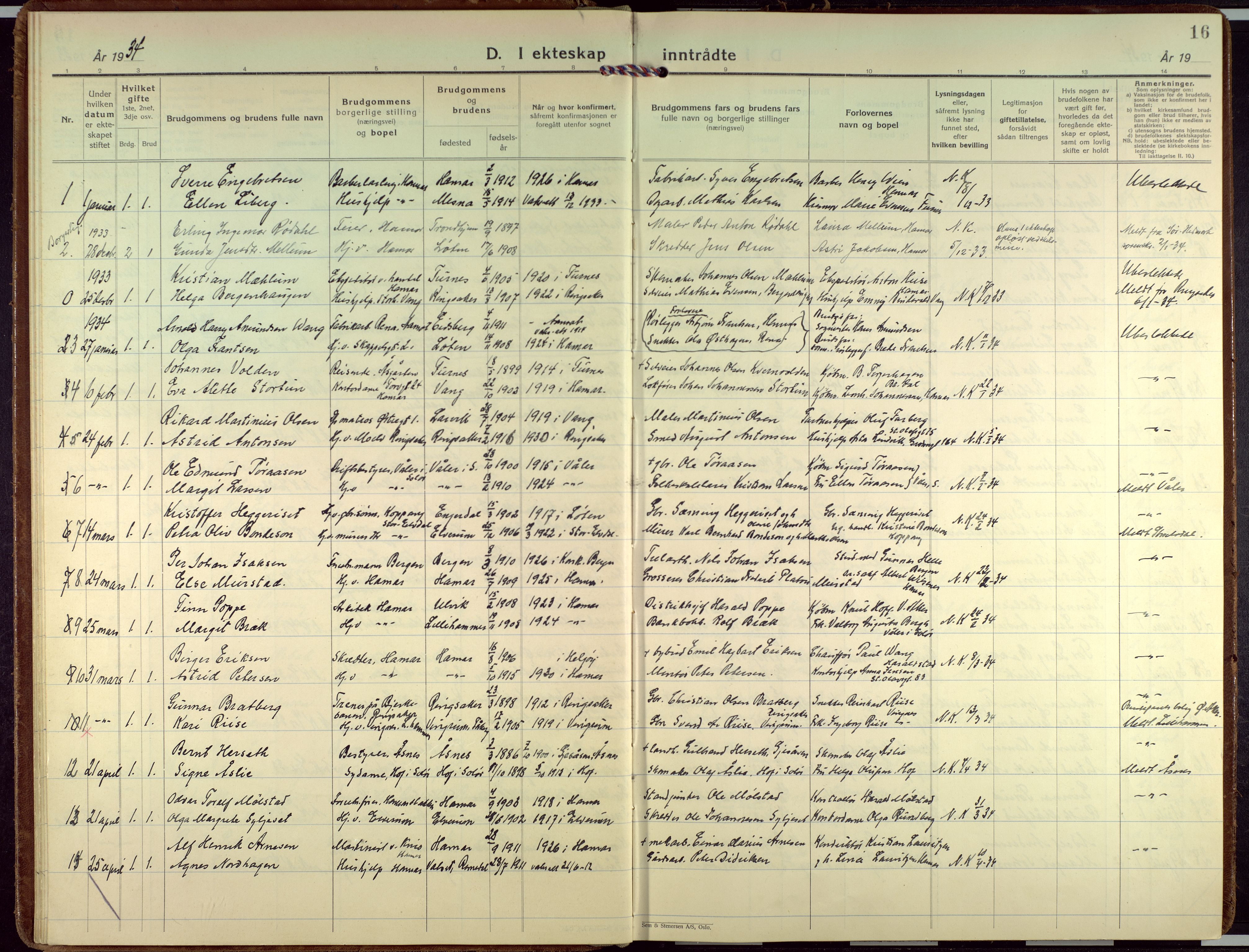 Hamar prestekontor, AV/SAH-DOMPH-002/H/Ha/Haa/L0006: Parish register (official) no. 6, 1931-1953, p. 16