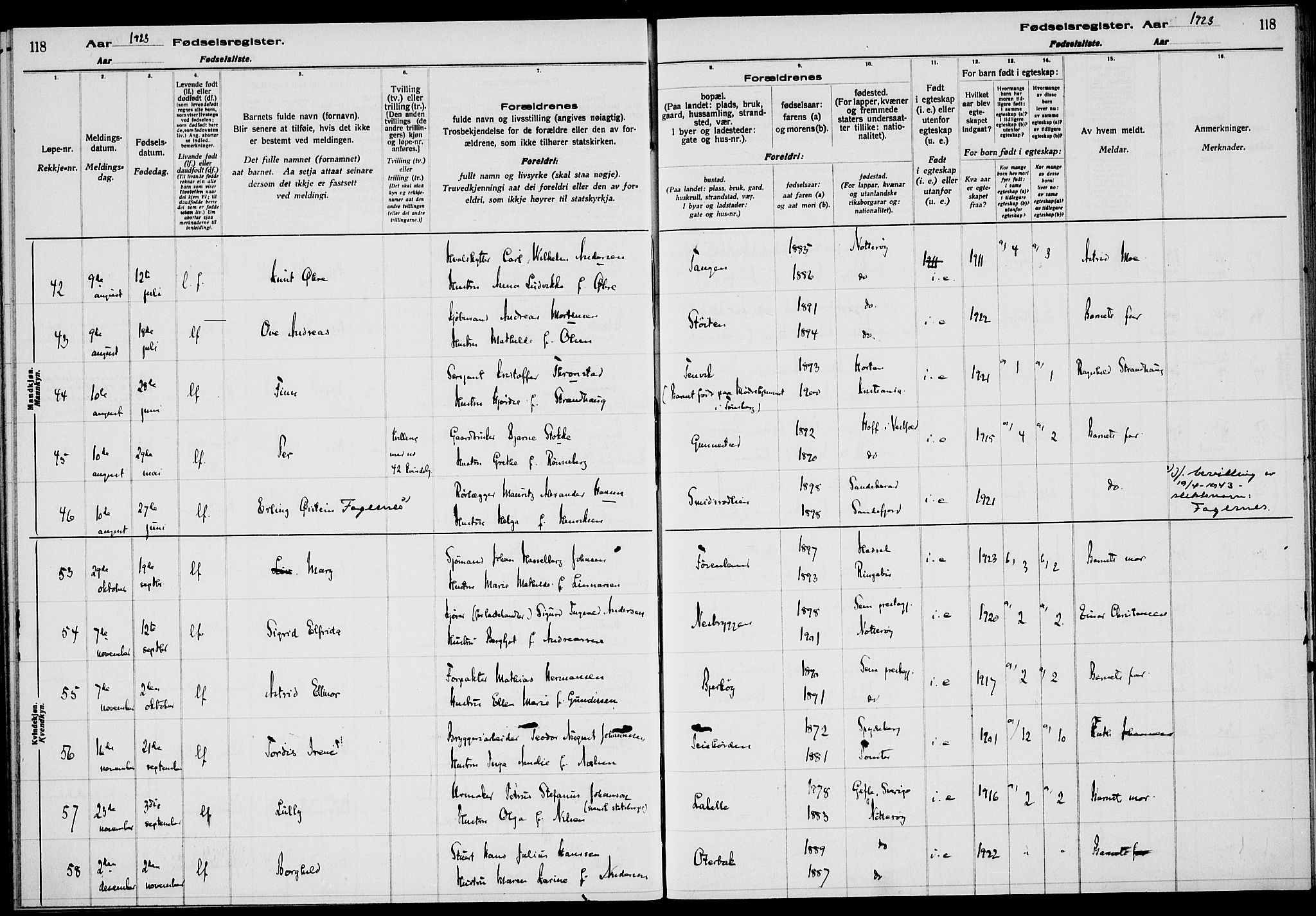 Nøtterøy kirkebøker, AV/SAKO-A-354/J/Ja/L0001: Birth register no. 1, 1916-1928, p. 118