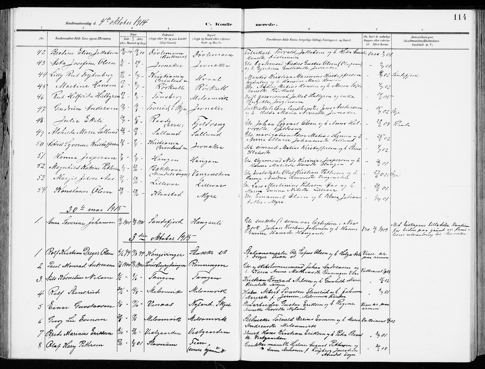 Stokke kirkebøker, AV/SAKO-A-320/G/Ga/L0001: Parish register (copy) no. I 1, 1904-1940, p. 114
