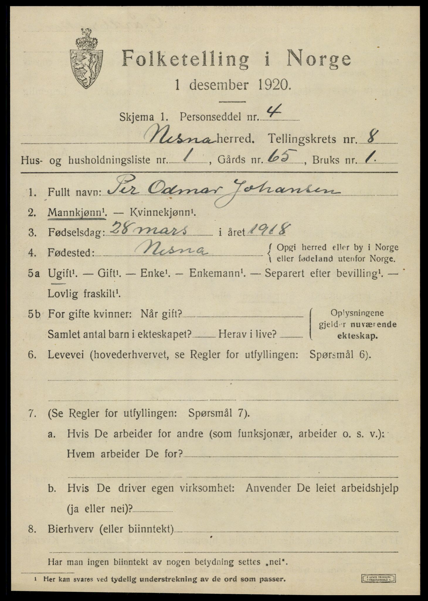 SAT, 1920 census for Nesna, 1920, p. 6561