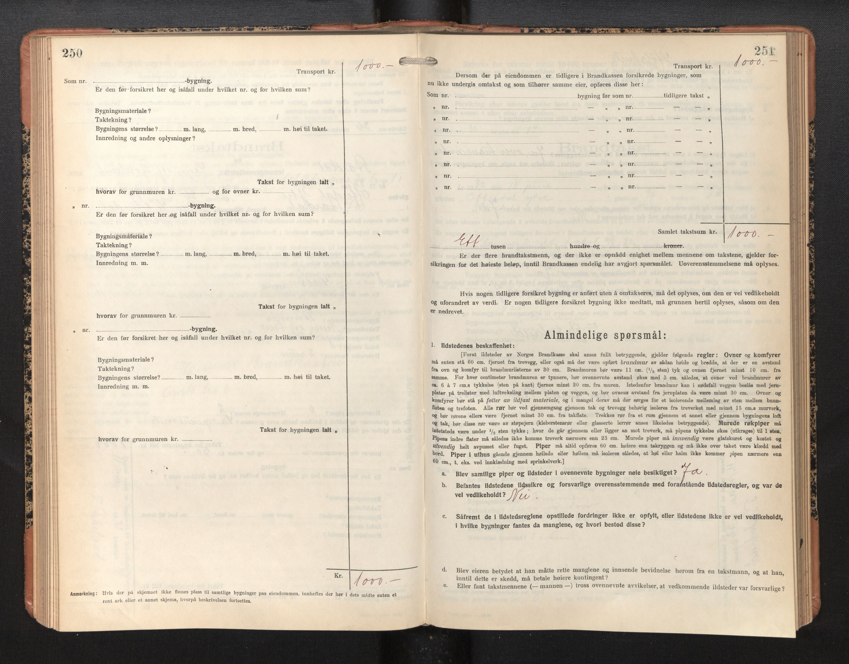 Lensmannen i Årdal, AV/SAB-A-30501/0012/L0010: Branntakstprotokoll, skjematakst, 1926-1939, p. 250-251