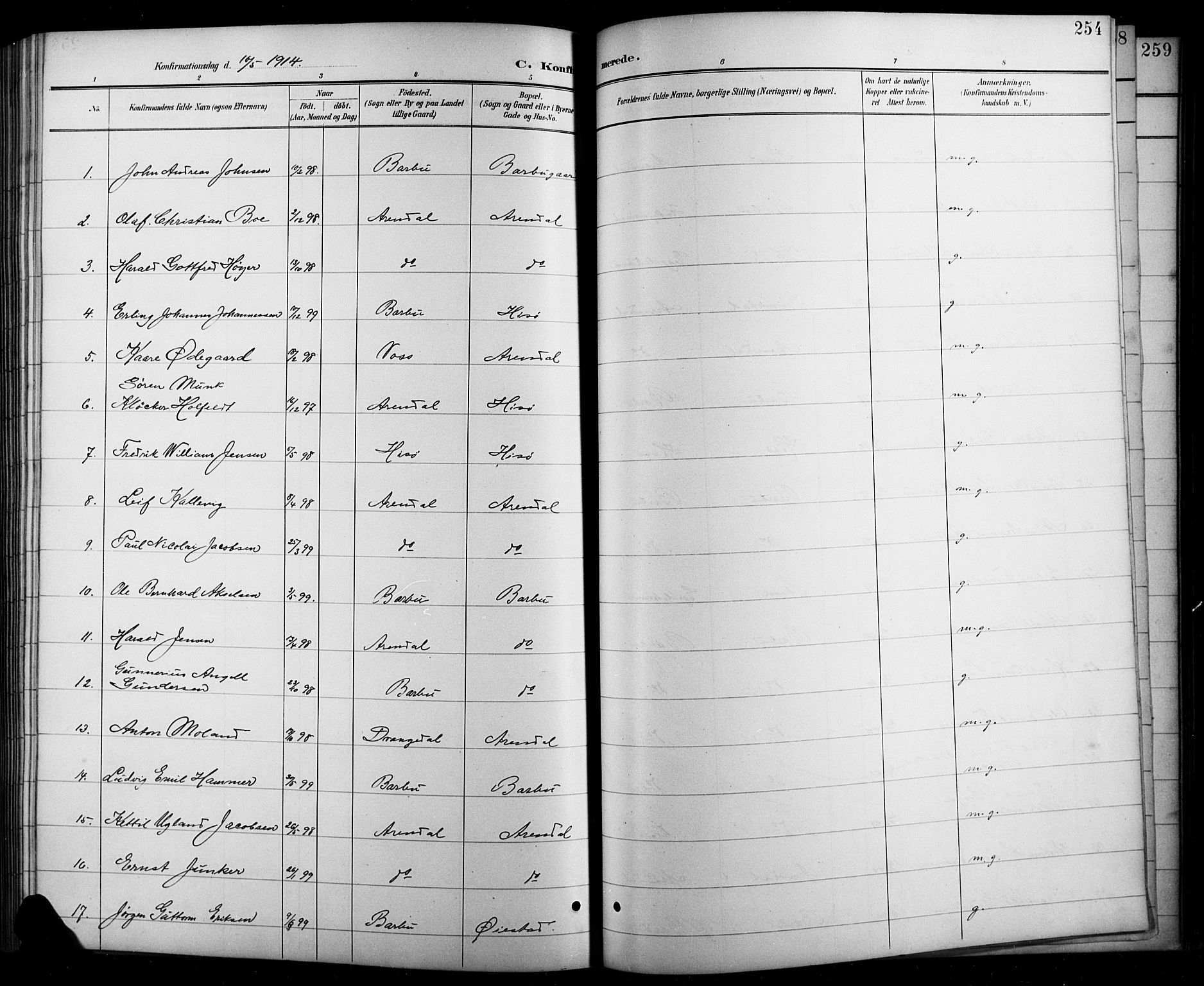 Arendal sokneprestkontor, Trefoldighet, AV/SAK-1111-0040/F/Fb/L0006: Parish register (copy) no. B 6, 1889-1916, p. 254