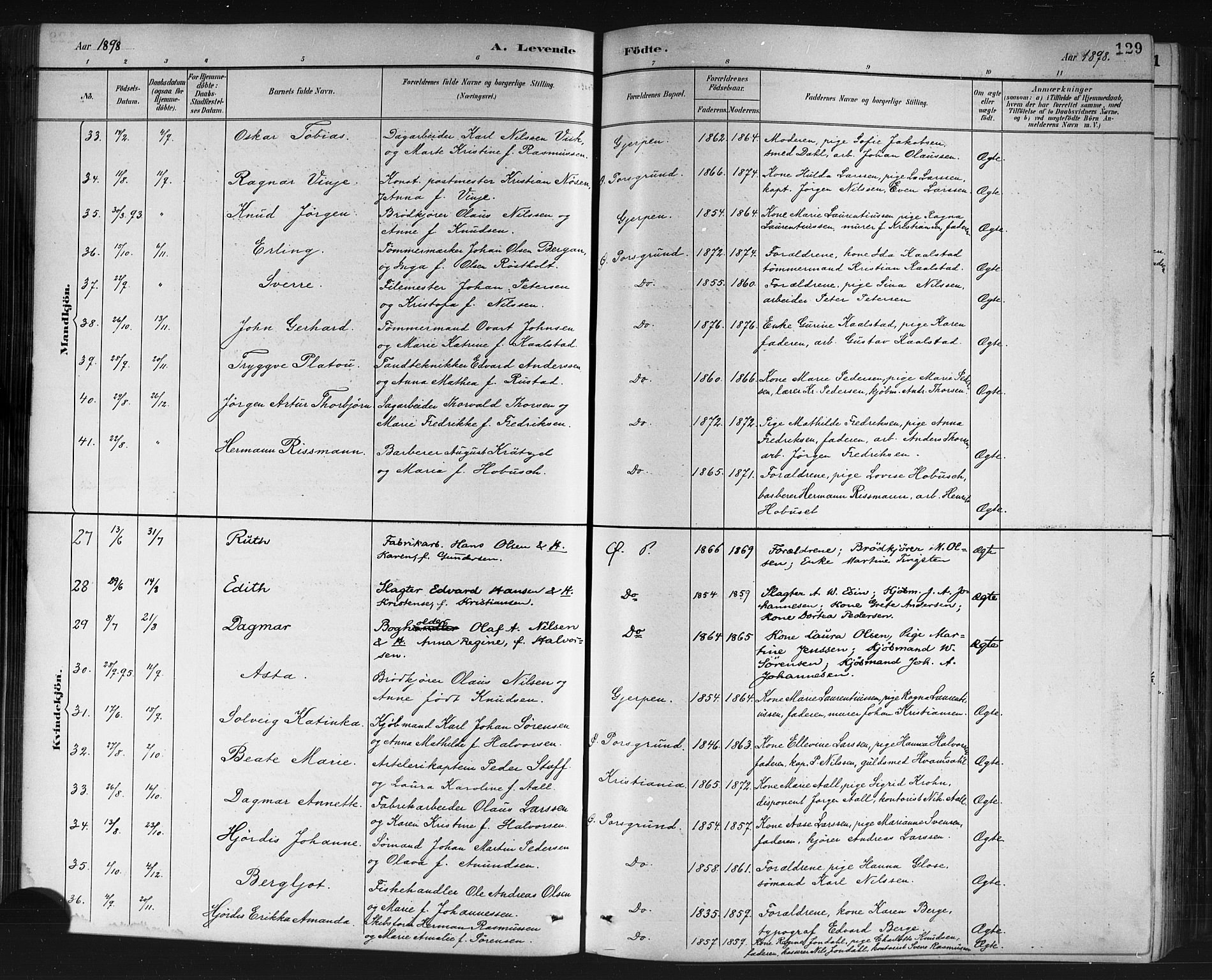 Porsgrunn kirkebøker , AV/SAKO-A-104/G/Gb/L0005: Parish register (copy) no. II 5, 1883-1915, p. 129