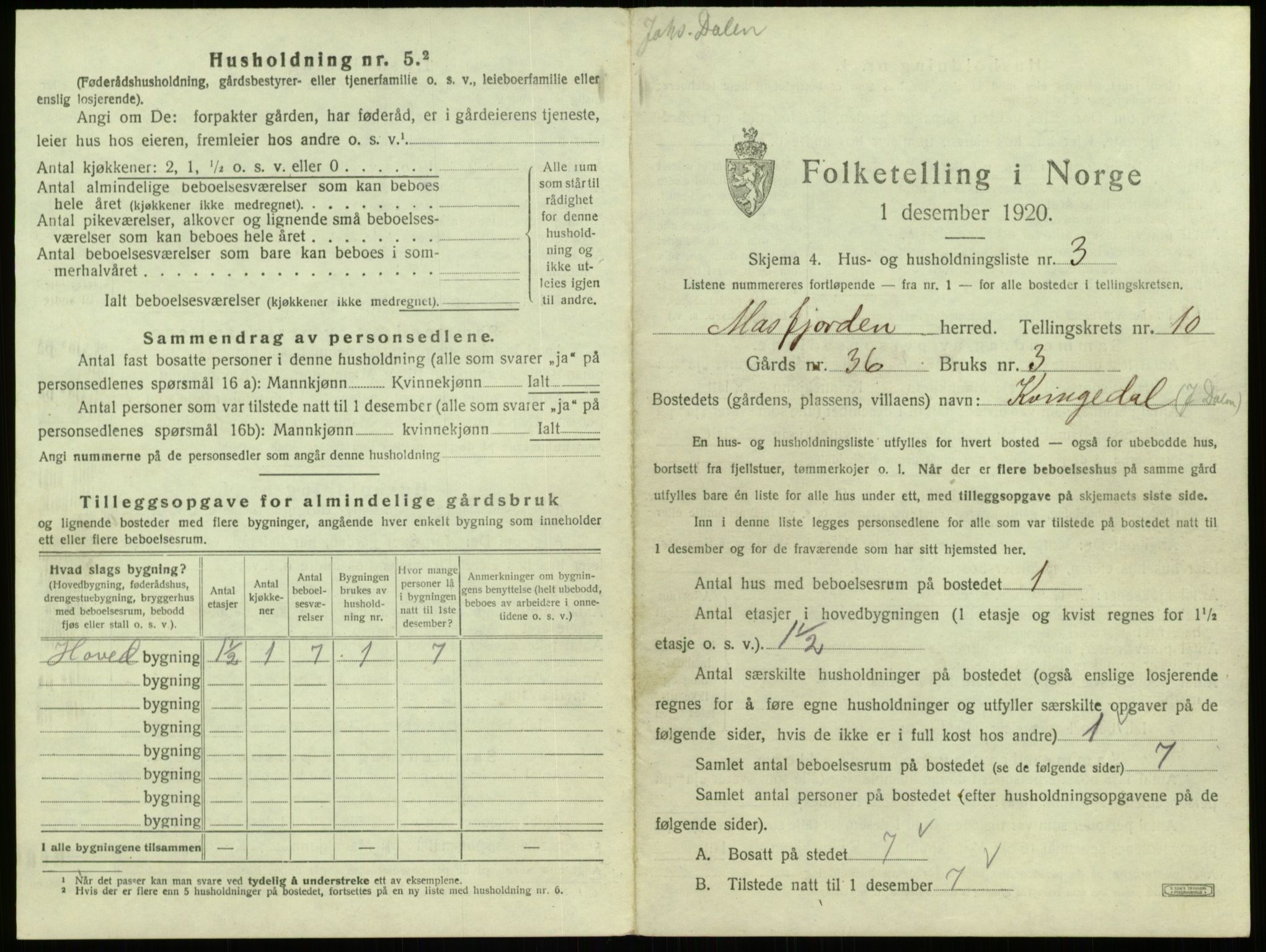 SAB, 1920 census for Masfjorden, 1920, p. 469