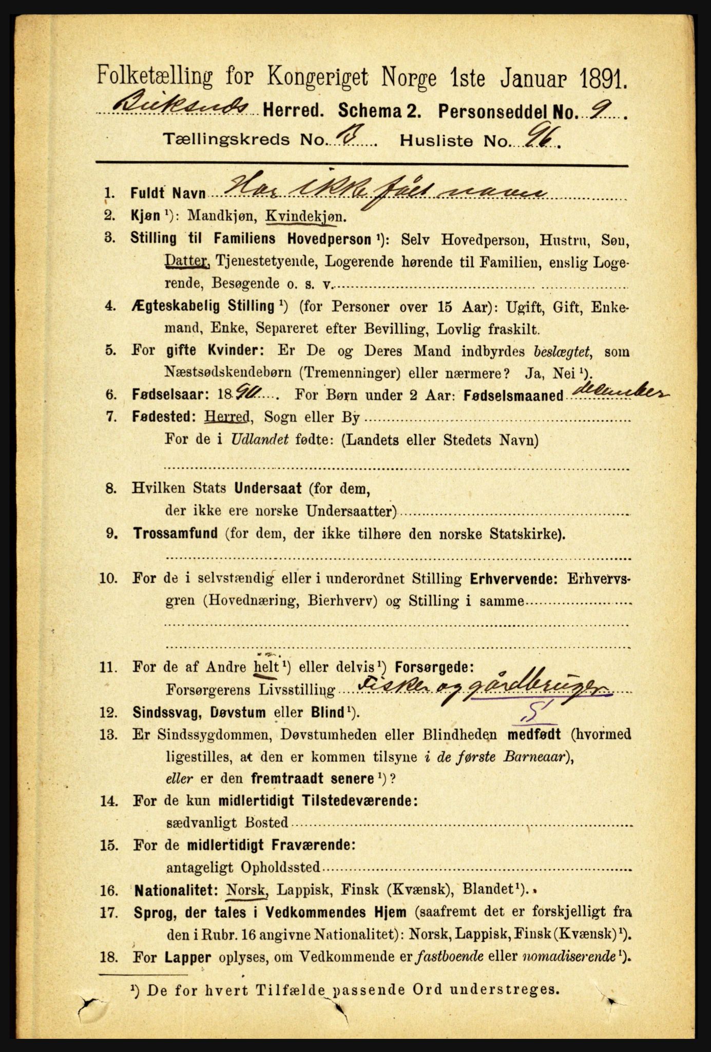 RA, 1891 census for 1860 Buksnes, 1891, p. 2891