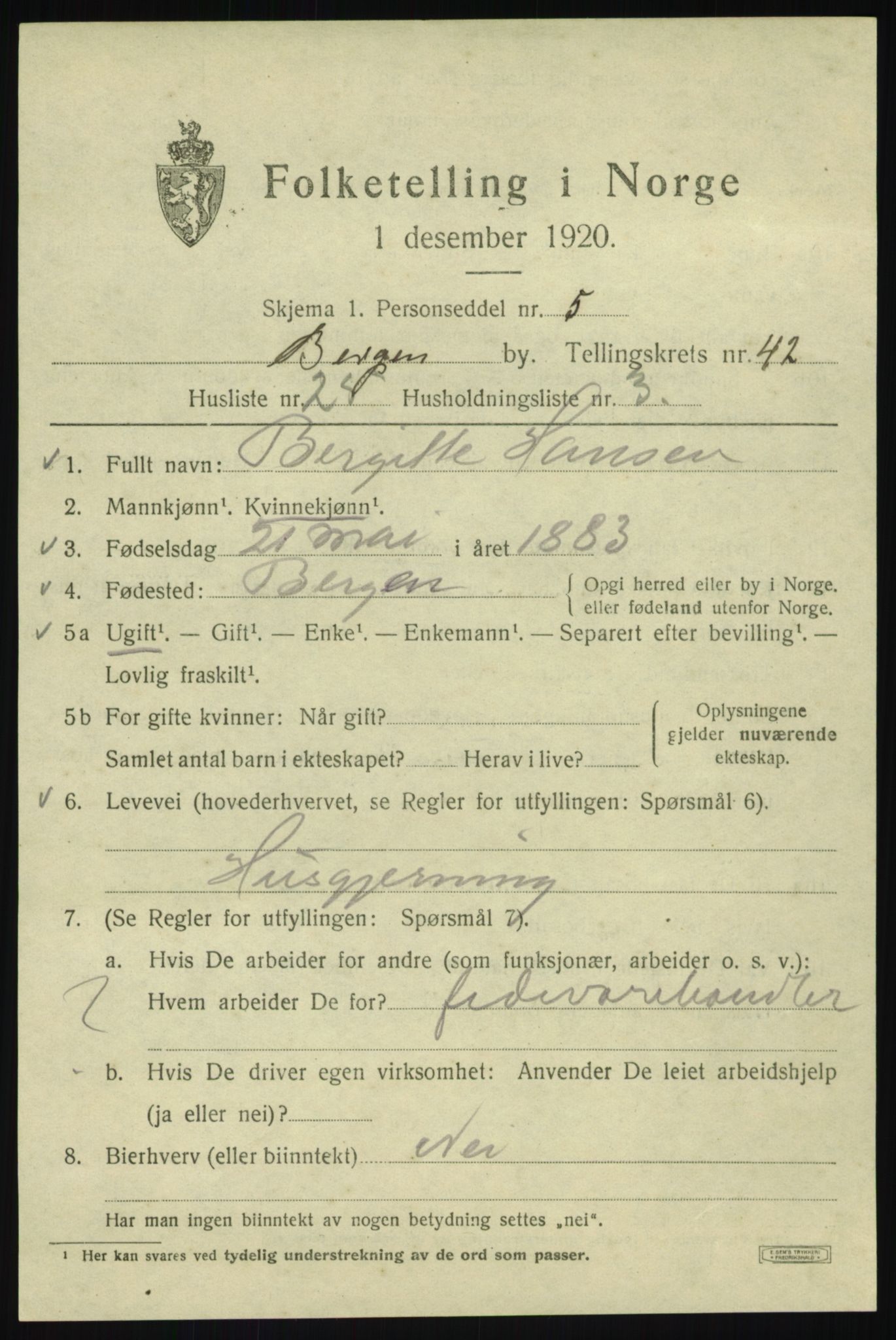 SAB, 1920 census for Bergen, 1920, p. 110407