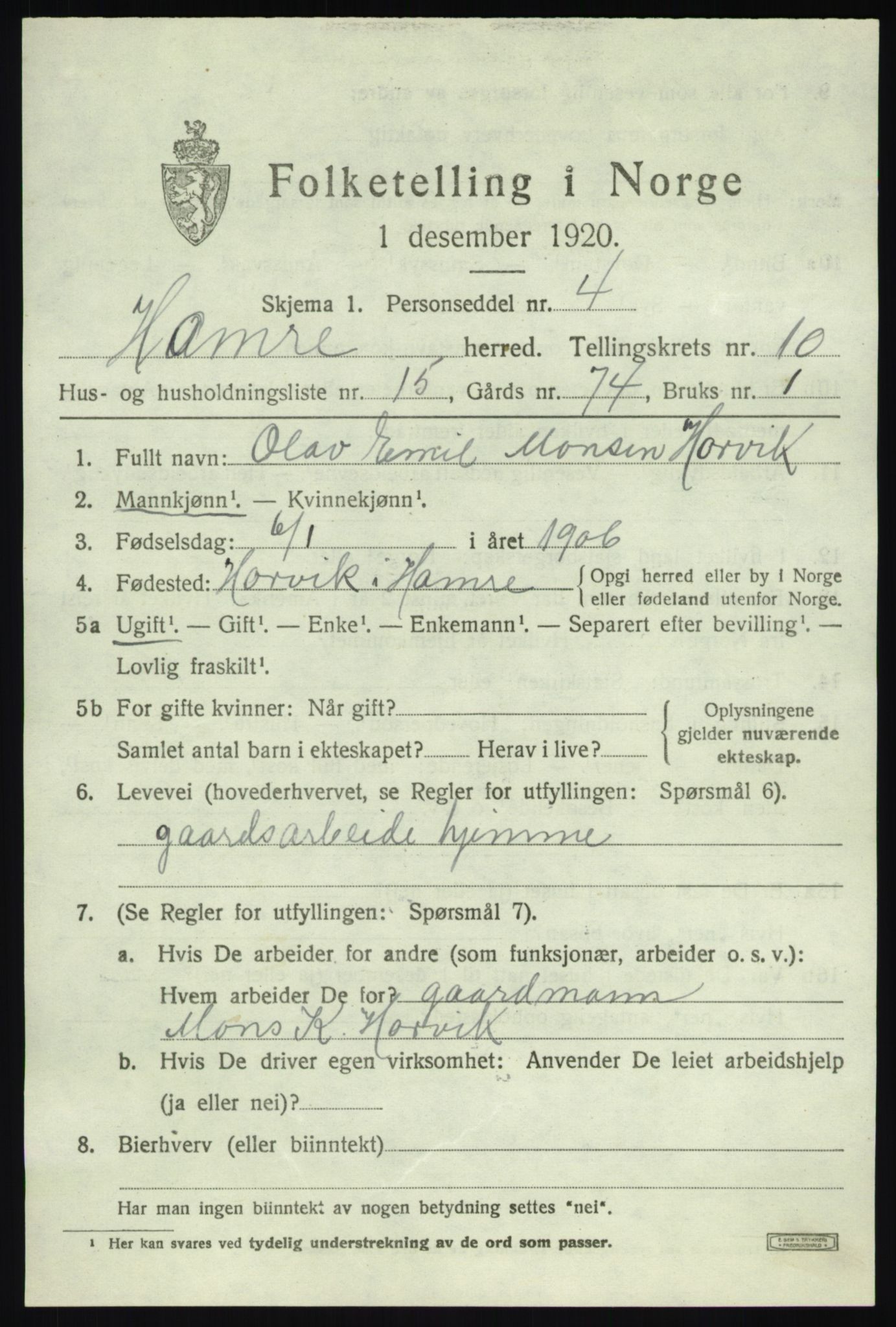 SAB, 1920 census for Hamre, 1920, p. 6075