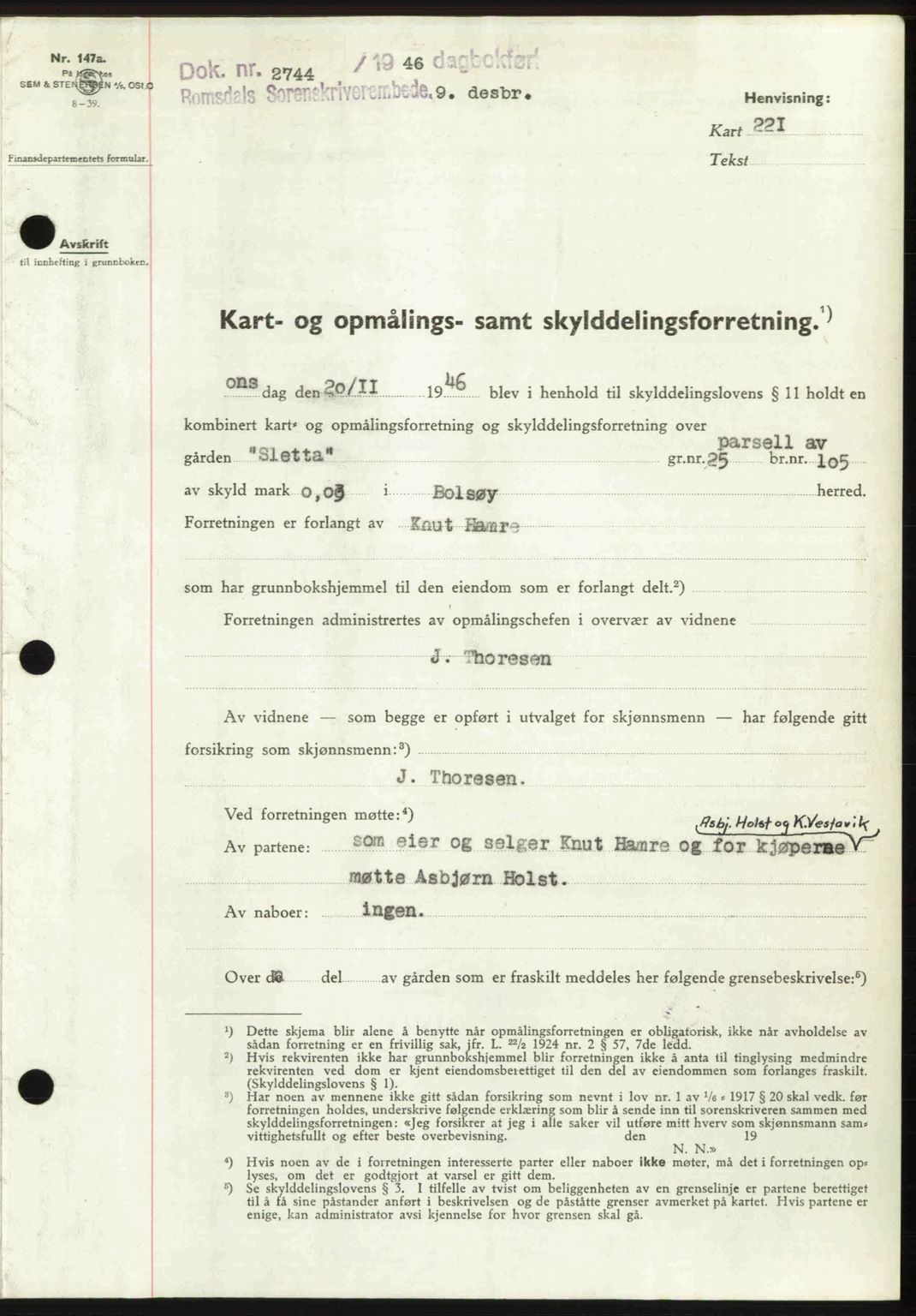 Romsdal sorenskriveri, AV/SAT-A-4149/1/2/2C: Mortgage book no. A21, 1946-1946, Diary no: : 2744/1946