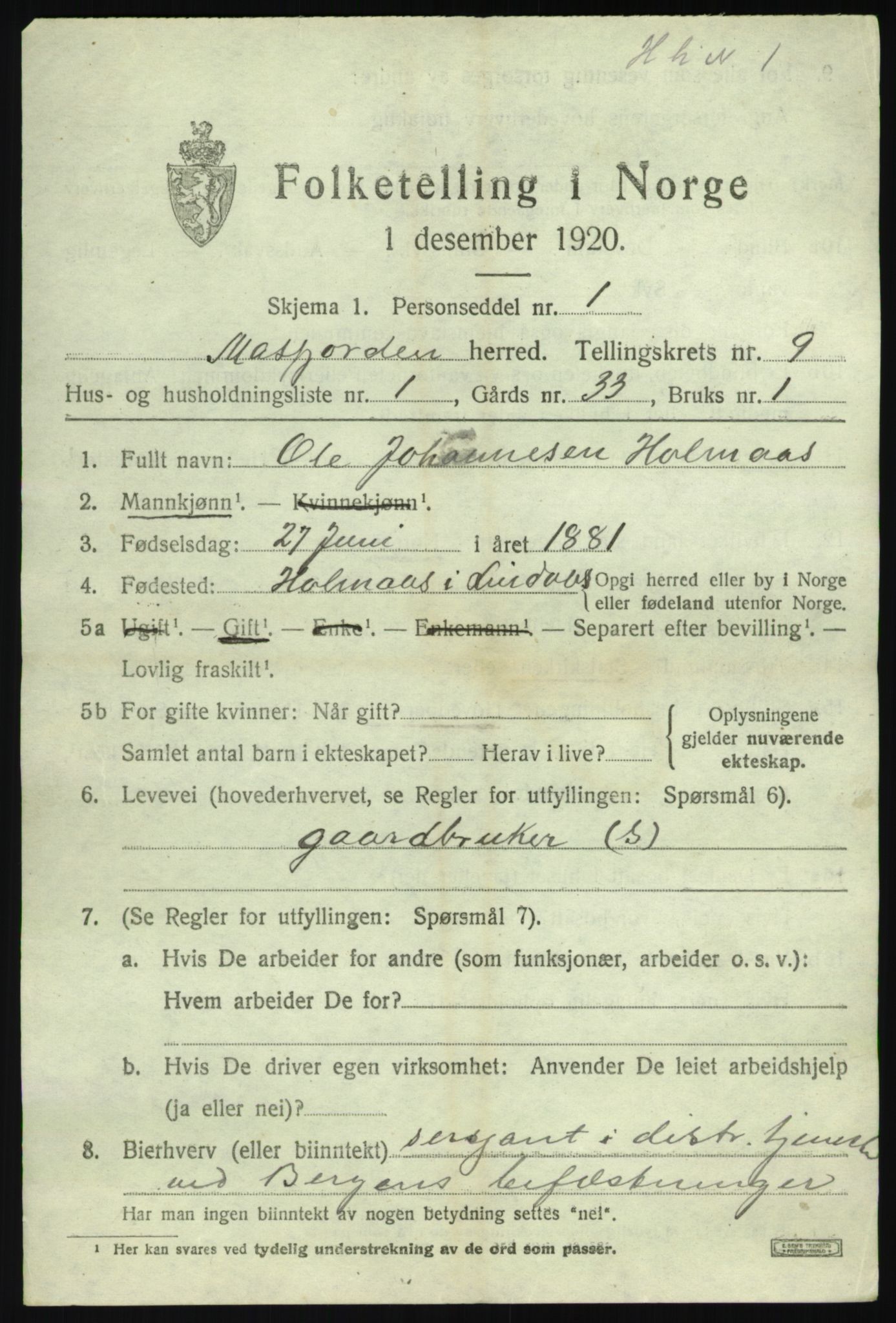 SAB, 1920 census for Masfjorden, 1920, p. 3403