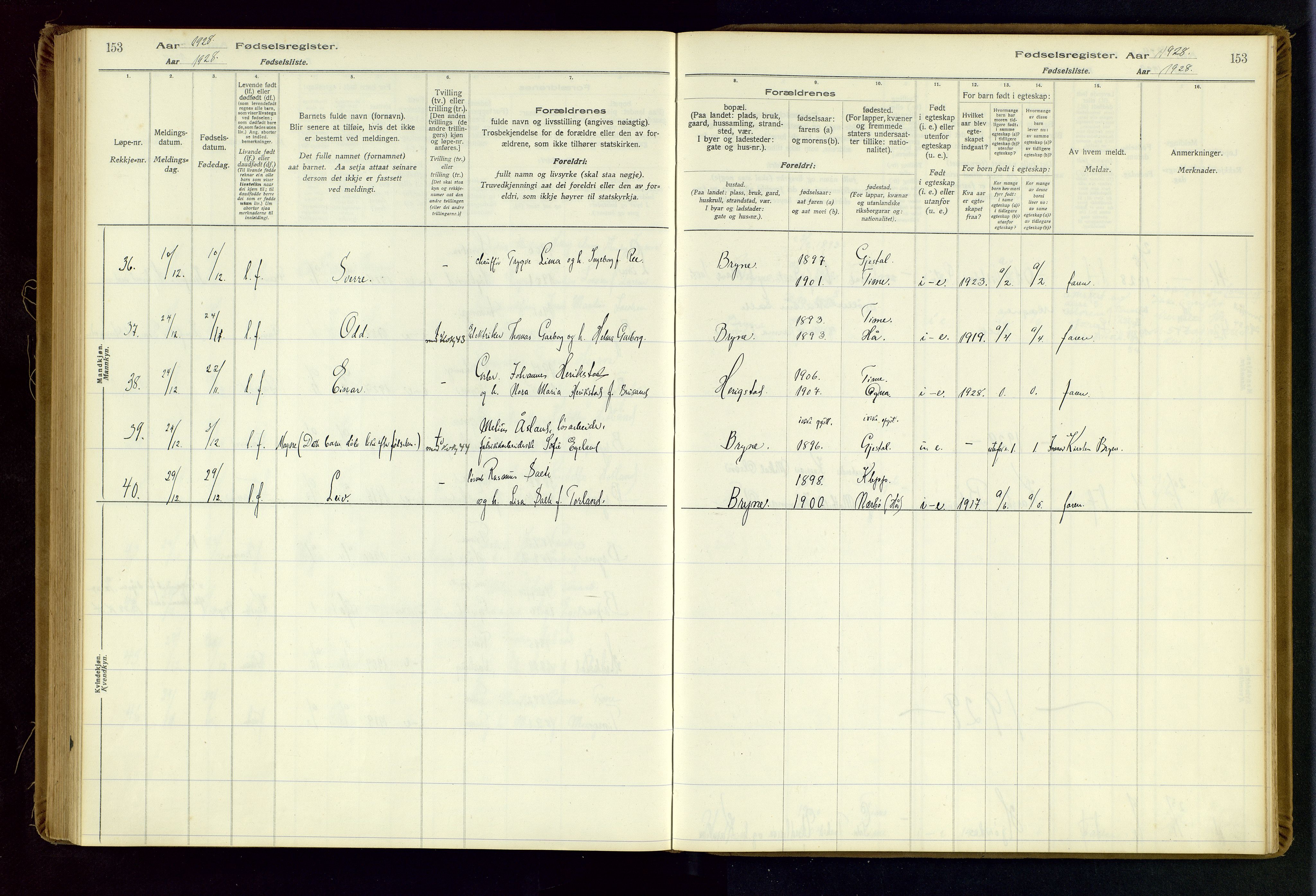 Time sokneprestkontor, AV/SAST-A-101795/001/704BA/L0001: Birth register no. 1, 1916-1934, p. 153