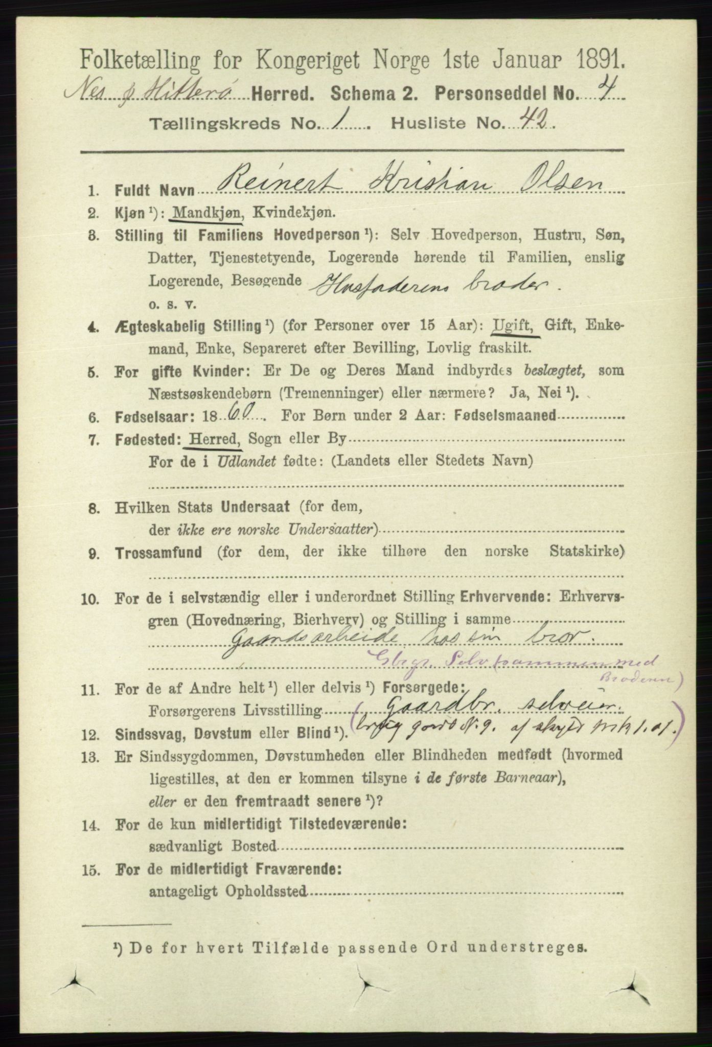 RA, 1891 census for 1043 Hidra og Nes, 1891, p. 337