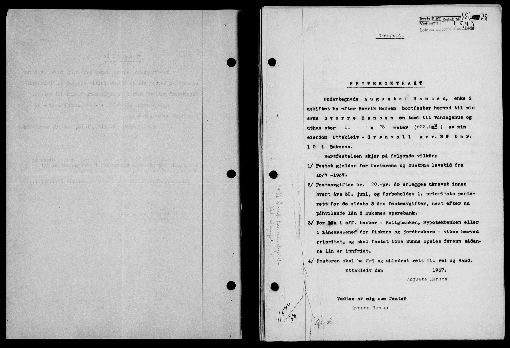 Lofoten sorenskriveri, SAT/A-0017/1/2/2C/L0004a: Mortgage book no. 4a, 1938-1938, Diary no: : 656/1938