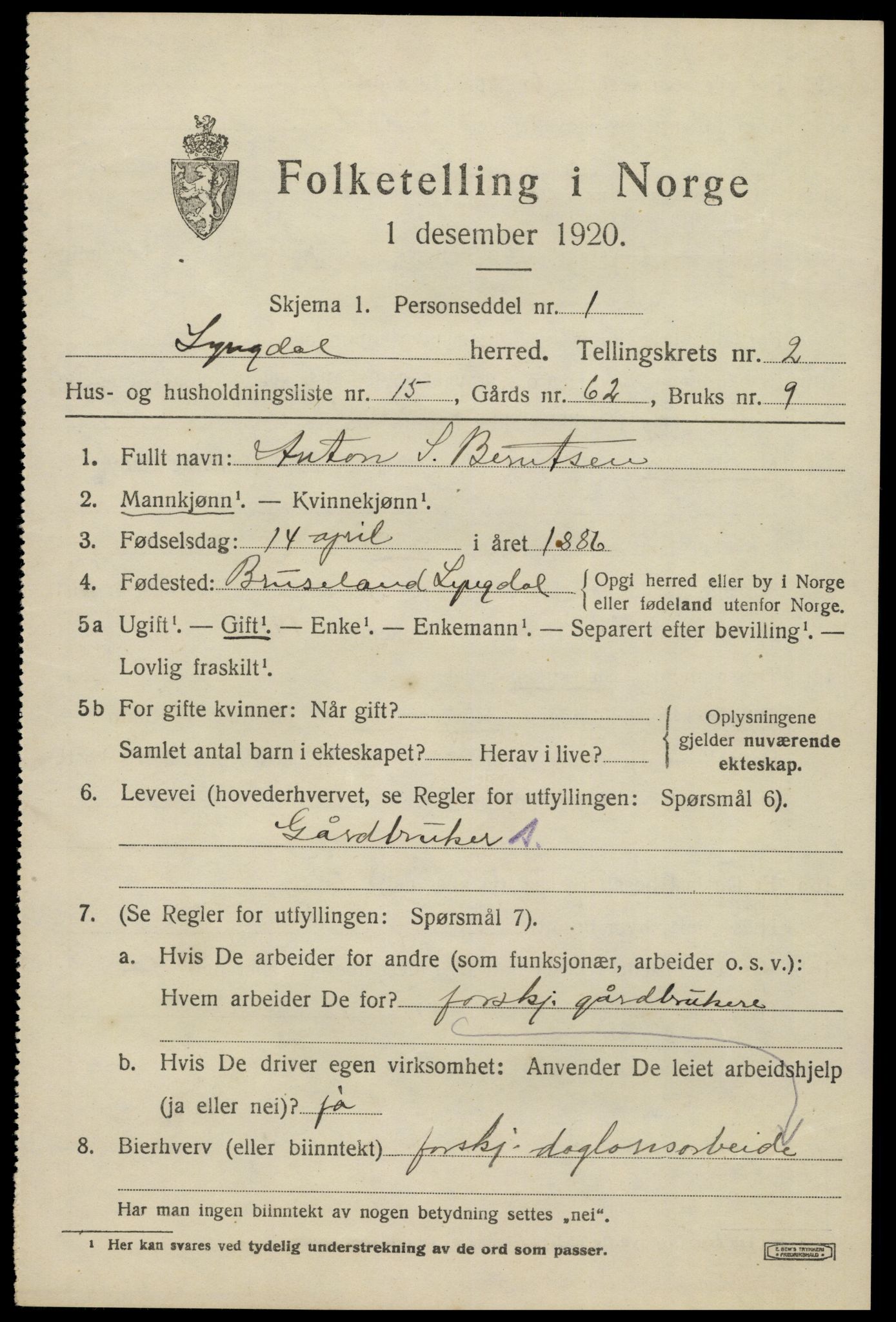 SAK, 1920 census for Lyngdal, 1920, p. 1707