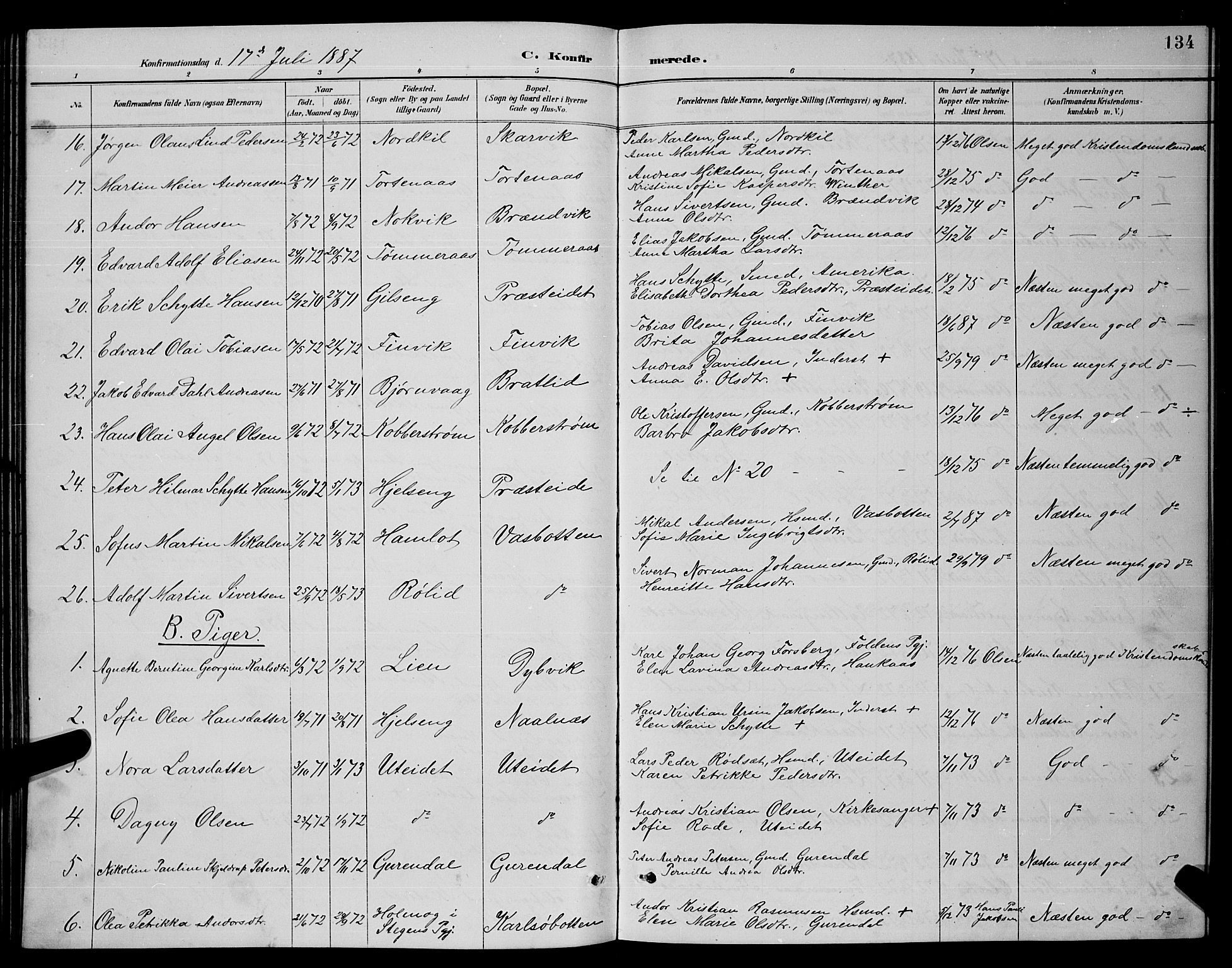 Ministerialprotokoller, klokkerbøker og fødselsregistre - Nordland, SAT/A-1459/859/L0859: Parish register (copy) no. 859C05, 1887-1898, p. 134
