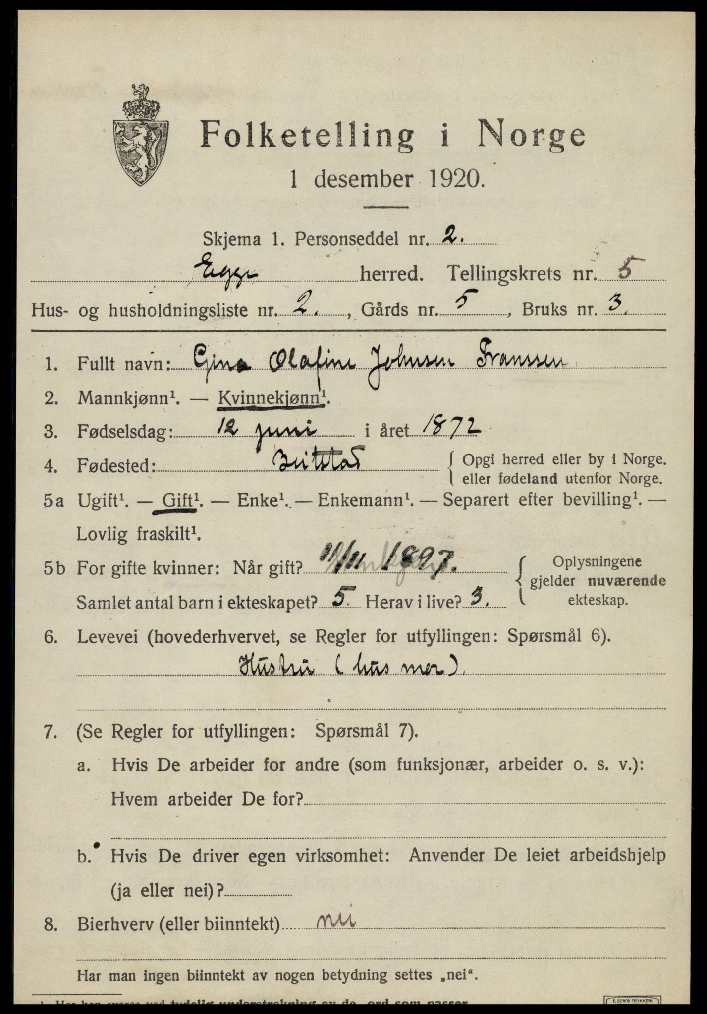 SAT, 1920 census for Egge, 1920, p. 3358