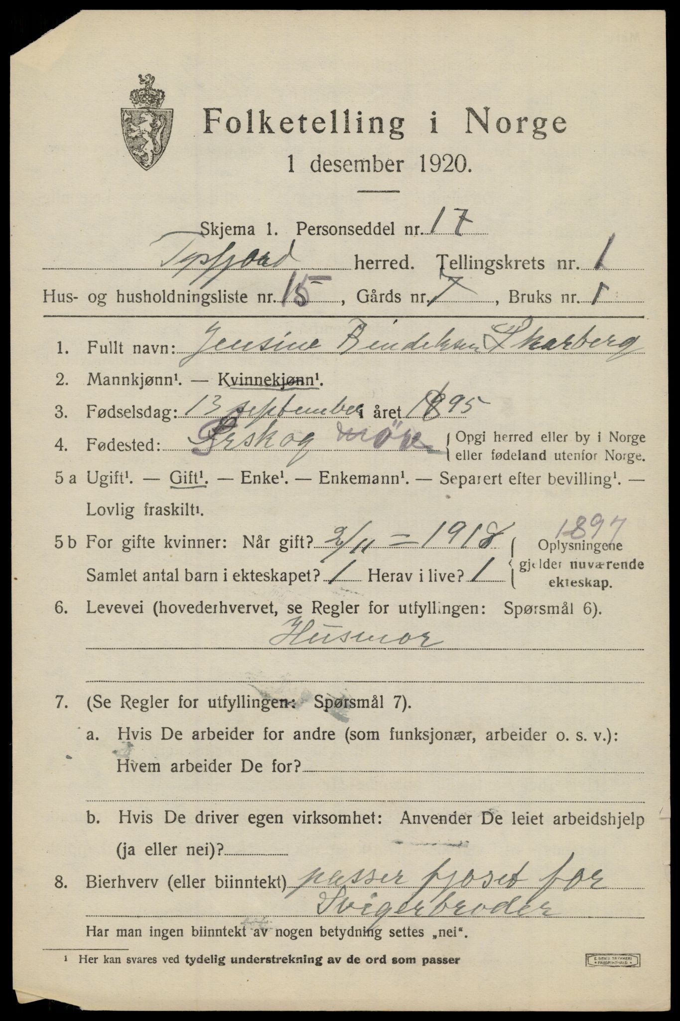 SAT, 1920 census for Tysfjord, 1920, p. 1225