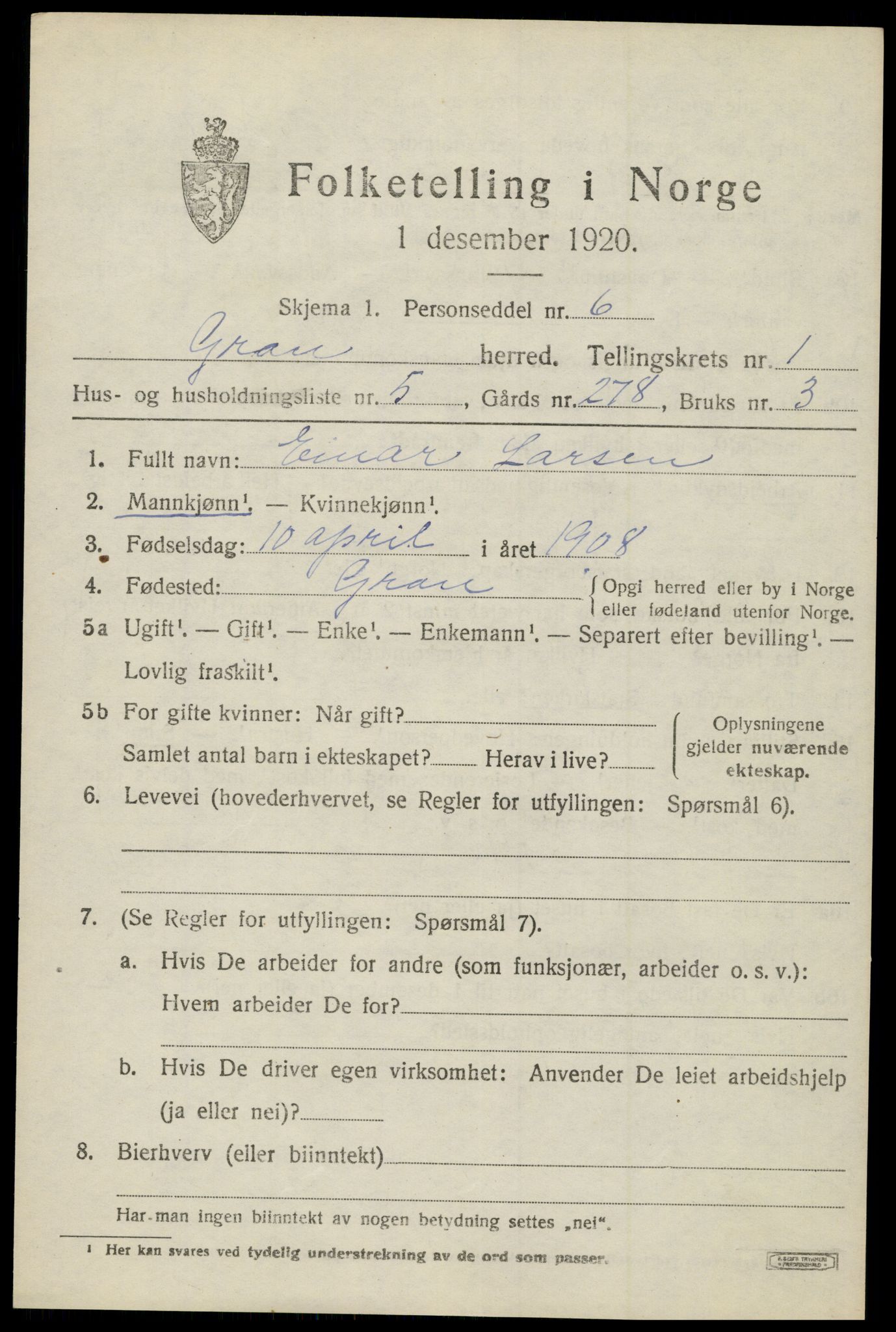 SAH, 1920 census for Gran, 1920, p. 1740