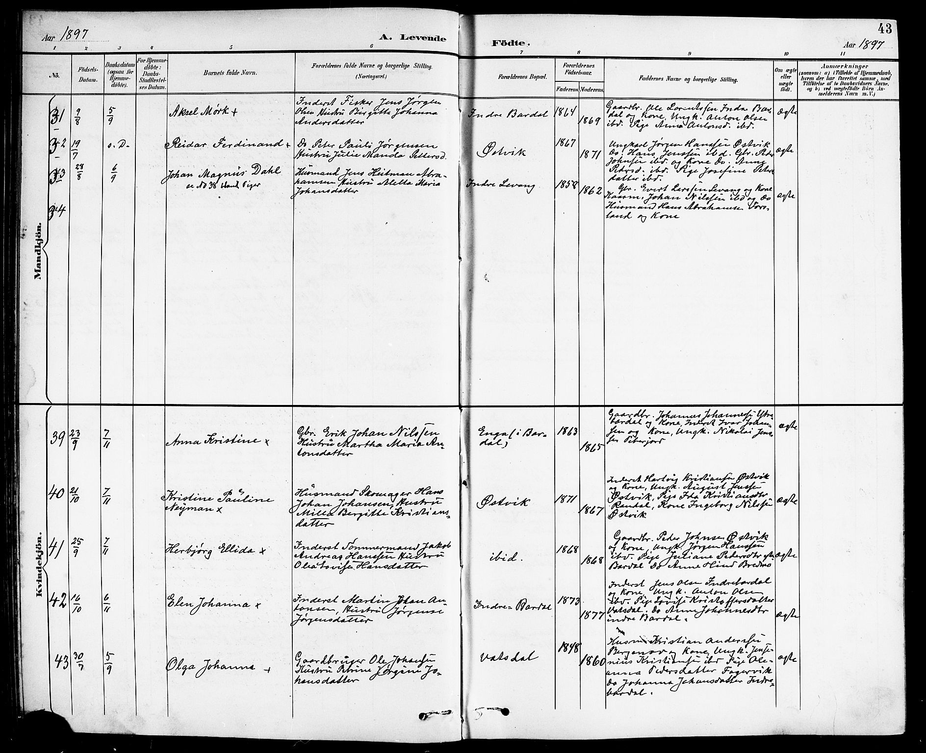 Ministerialprotokoller, klokkerbøker og fødselsregistre - Nordland, AV/SAT-A-1459/838/L0559: Parish register (copy) no. 838C06, 1893-1910, p. 43