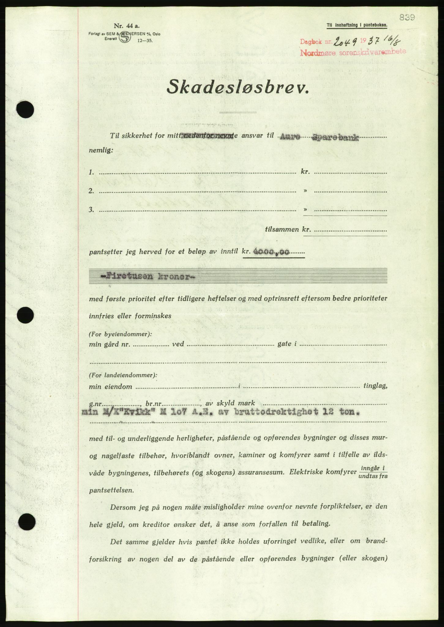 Nordmøre sorenskriveri, AV/SAT-A-4132/1/2/2Ca/L0091: Mortgage book no. B81, 1937-1937, Diary no: : 2049/1937