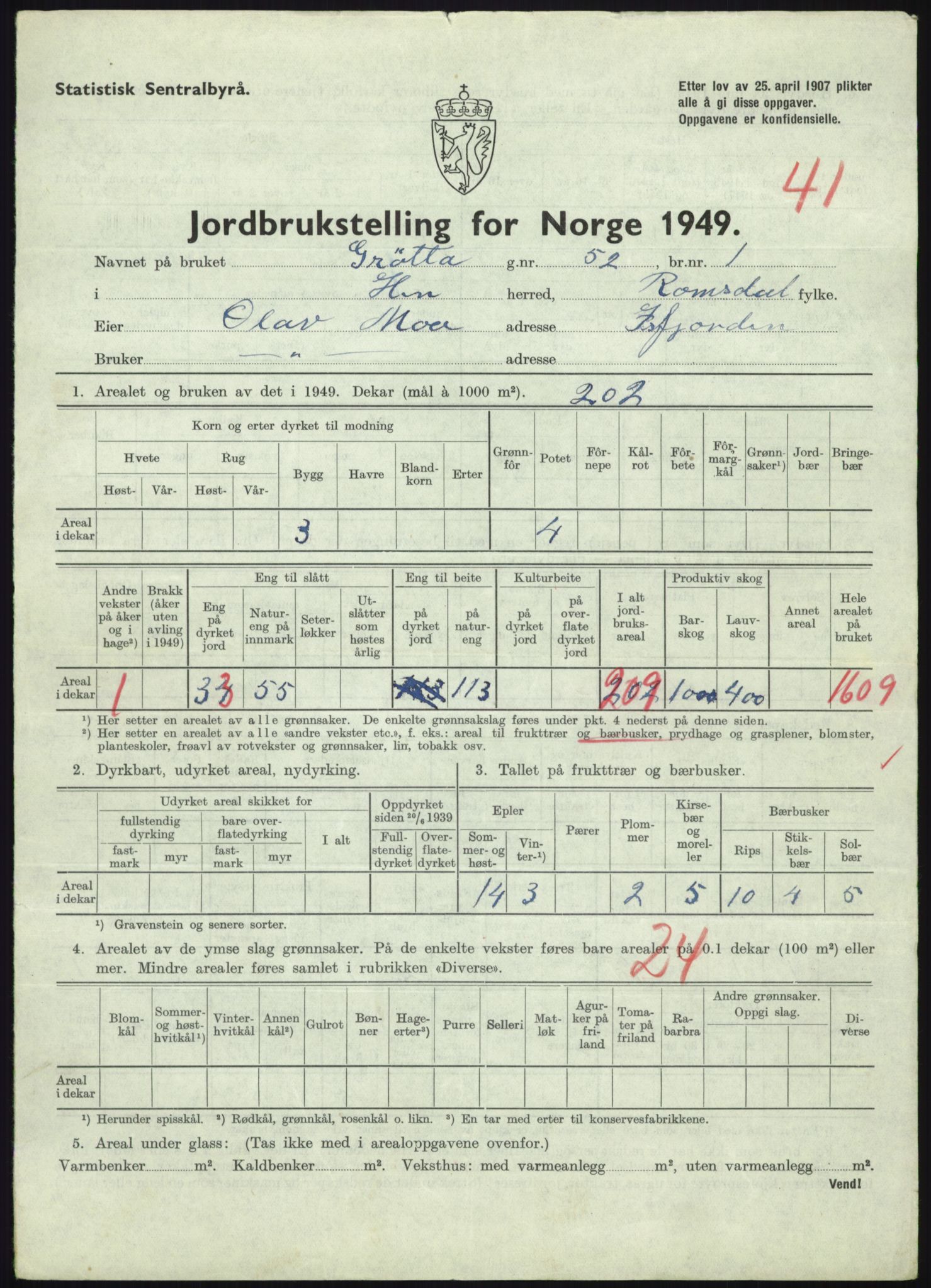 Statistisk sentralbyrå, Næringsøkonomiske emner, Jordbruk, skogbruk, jakt, fiske og fangst, AV/RA-S-2234/G/Gc/L0323: Møre og Romsdal: Grytten og Hen, 1949, p. 873