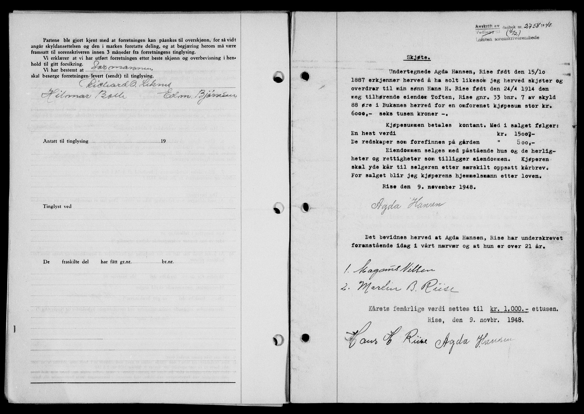 Lofoten sorenskriveri, SAT/A-0017/1/2/2C/L0020a: Mortgage book no. 20a, 1948-1949, Diary no: : 2758/1948