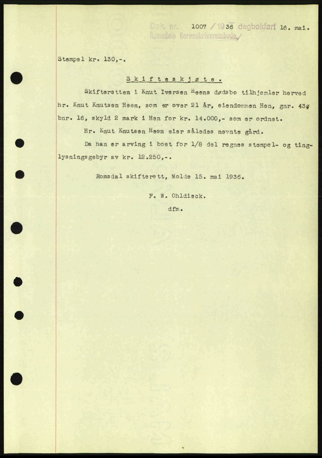 Romsdal sorenskriveri, AV/SAT-A-4149/1/2/2C: Mortgage book no. A1, 1936-1936, Diary no: : 1007/1936