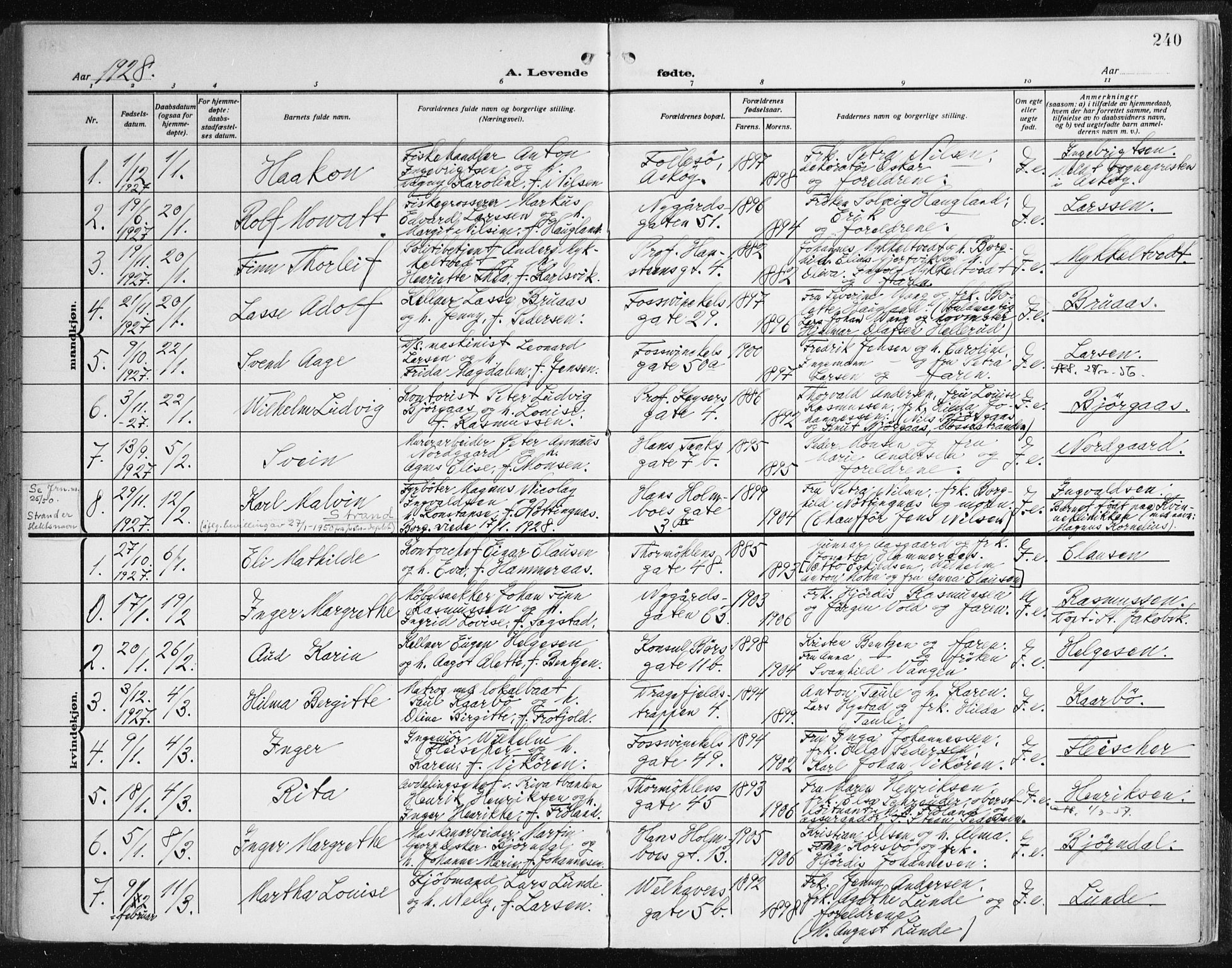 Johanneskirken sokneprestembete, AV/SAB-A-76001/H/Haa: Parish register (official) no. A 3, 1913-1934, p. 240