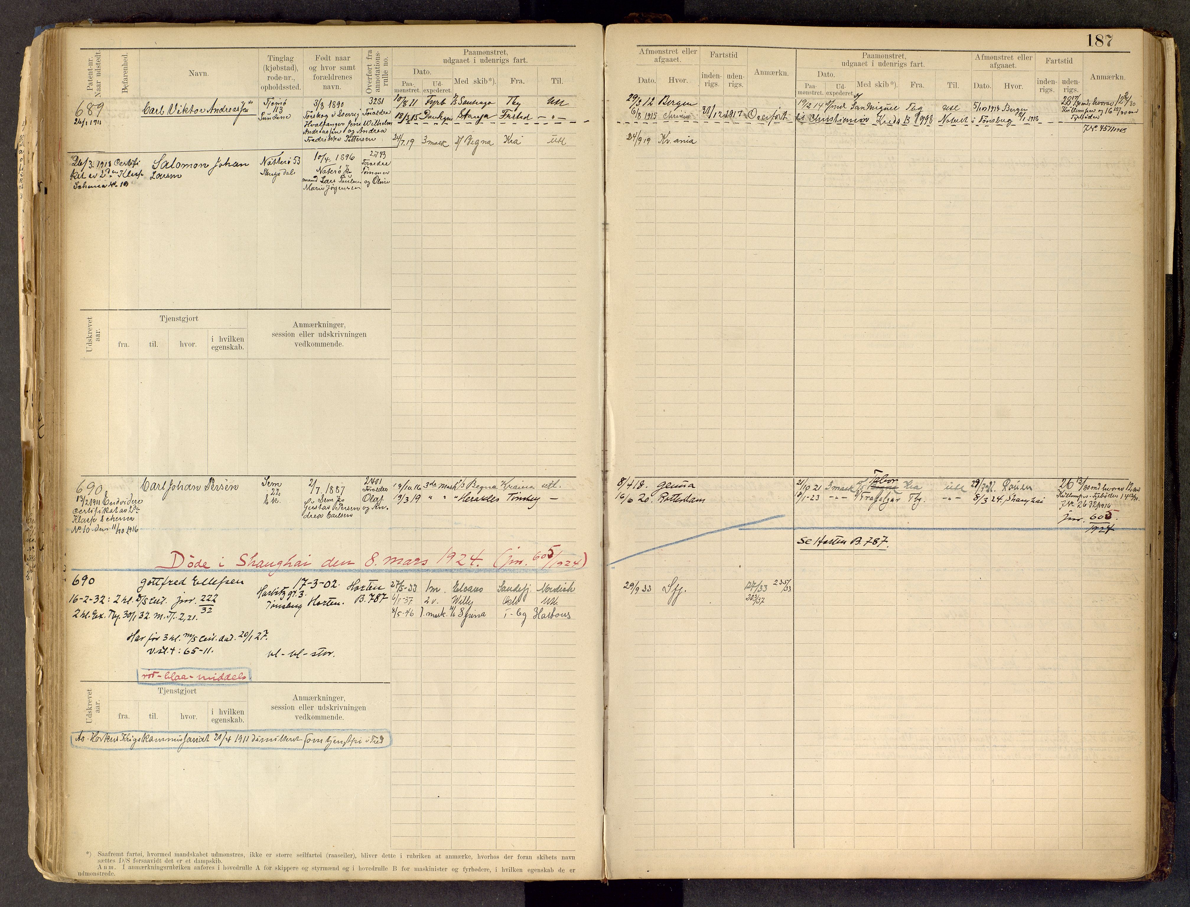 Tønsberg innrulleringskontor, SAKO/A-786/F/Fe/L0002: Maskinist- og fyrbøterrulle Patent nr. 315-1110, 1902-1924, p. 187