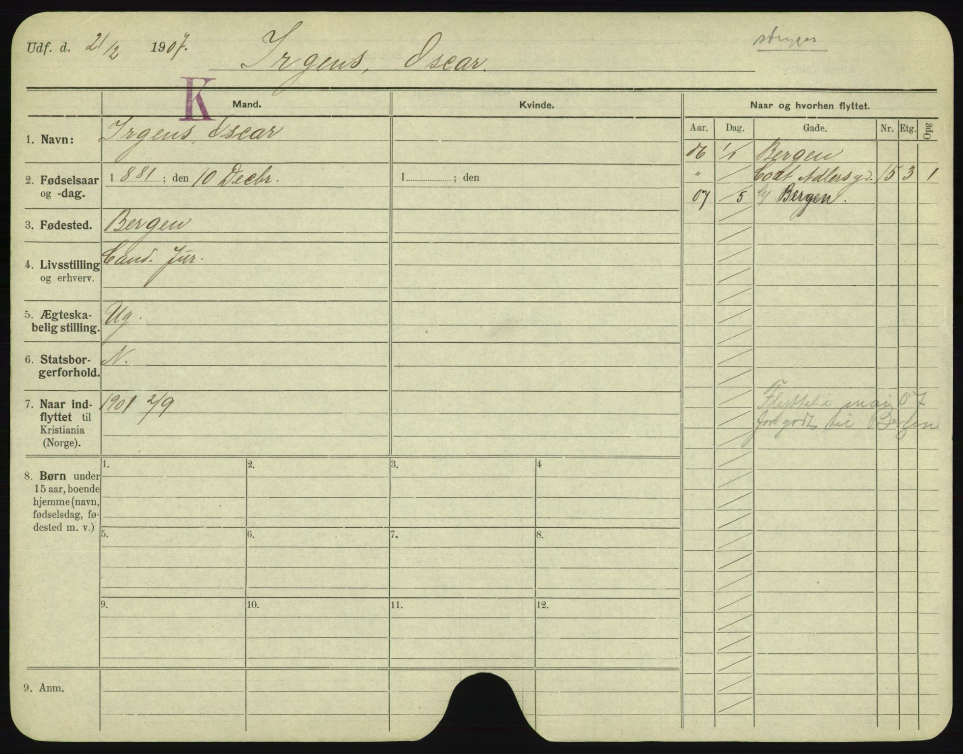 Oslo folkeregister, Registerkort, AV/SAO-A-11715/F/Fa/Fac/L0005: Menn, 1906-1914, p. 19a
