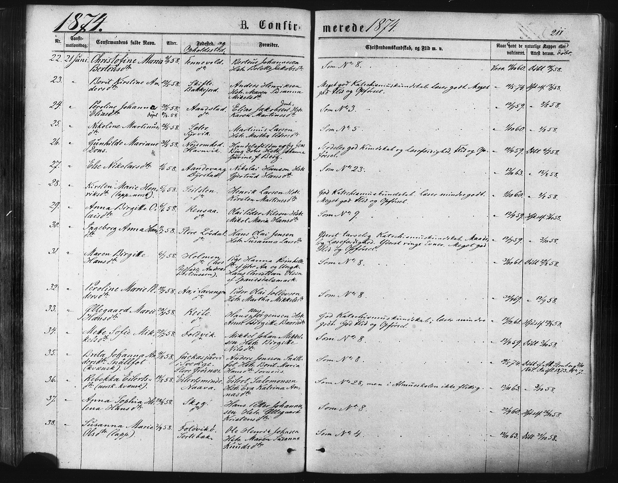 Ibestad sokneprestembete, SATØ/S-0077/H/Ha/Haa/L0010kirke: Parish register (official) no. 10, 1869-1879, p. 211