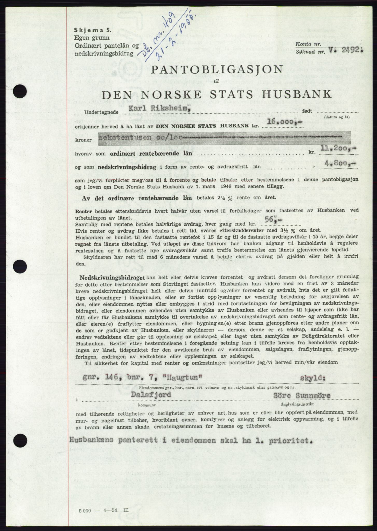 Søre Sunnmøre sorenskriveri, AV/SAT-A-4122/1/2/2C/L0126: Mortgage book no. 14B, 1954-1955, Diary no: : 409/1955