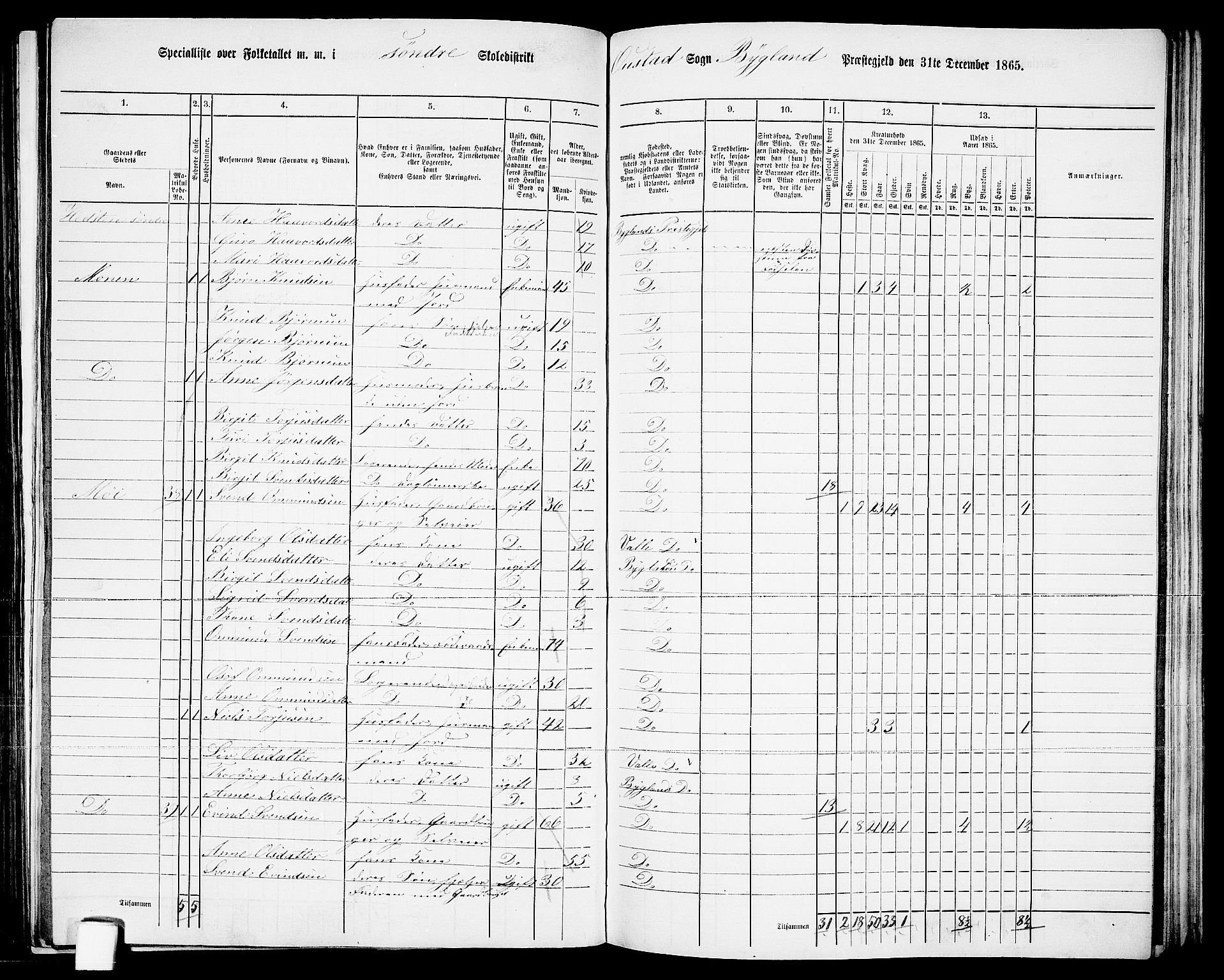 RA, 1865 census for Bygland, 1865, p. 23