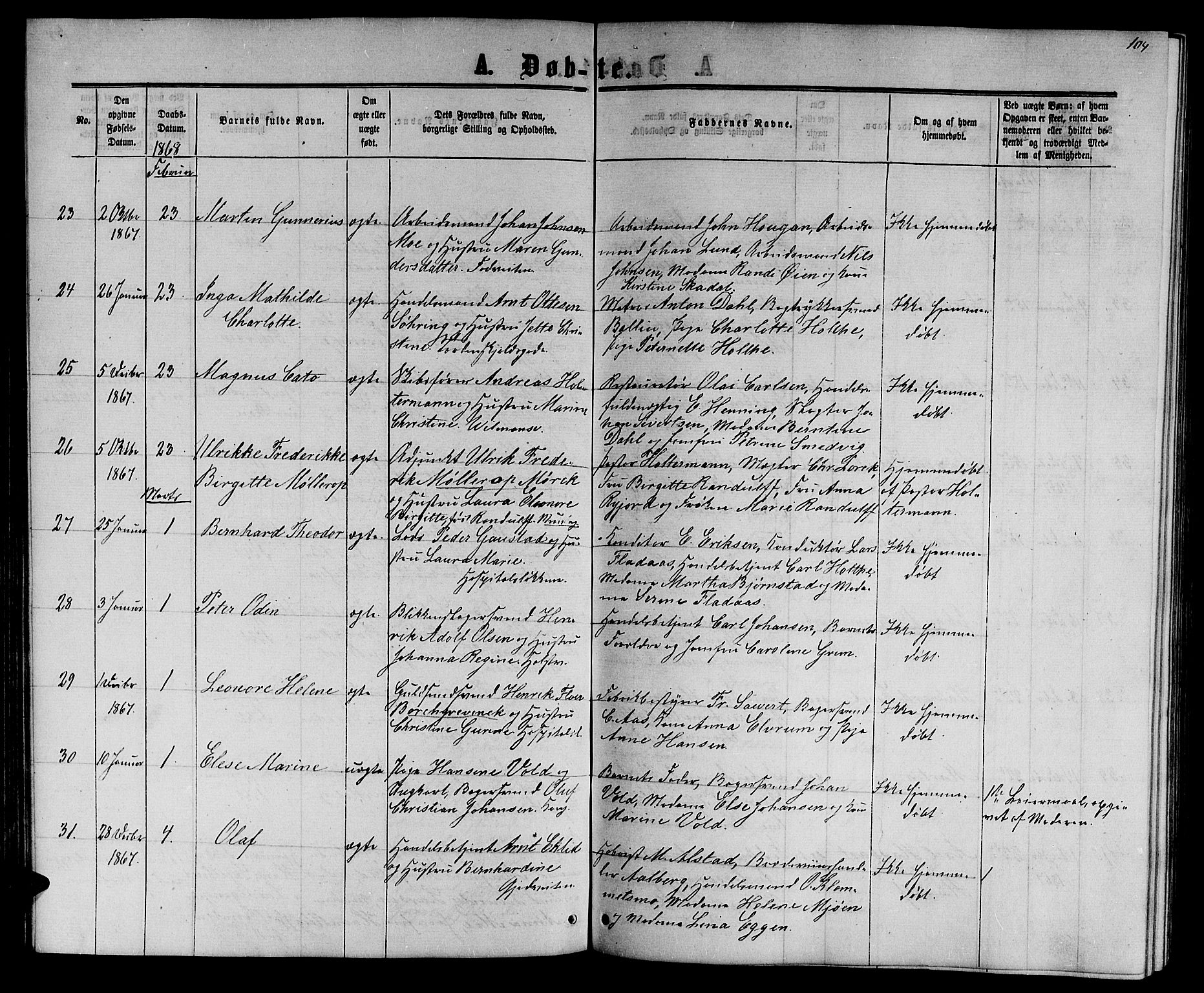 Ministerialprotokoller, klokkerbøker og fødselsregistre - Sør-Trøndelag, AV/SAT-A-1456/601/L0087: Parish register (copy) no. 601C05, 1864-1881, p. 104